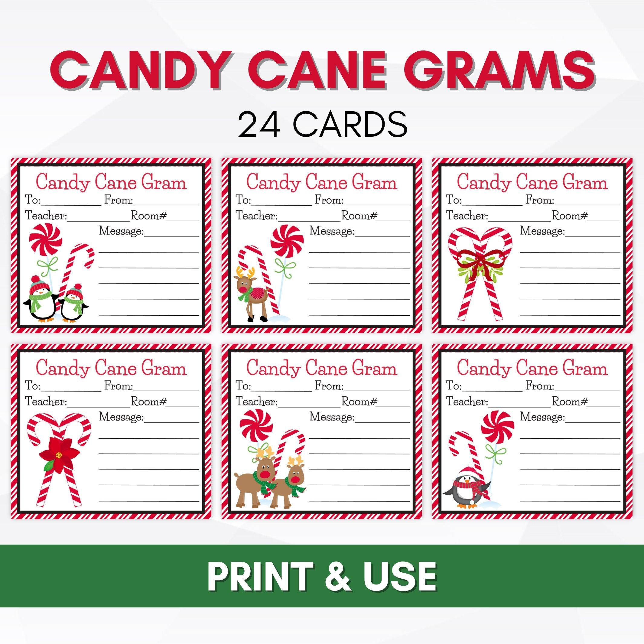 example of 6 of the 24 candy gram tags that are included in this printable fundraiser or morale booster sheet for schools