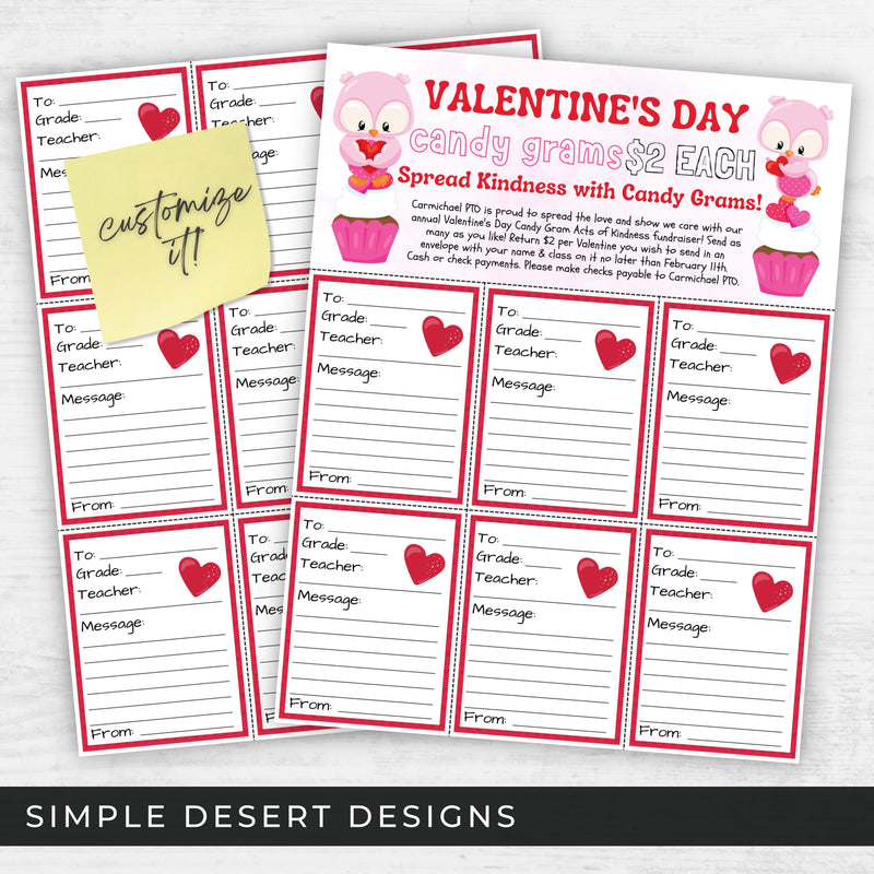 valentines candy grams cupcake grams fundriaser sheets for schools