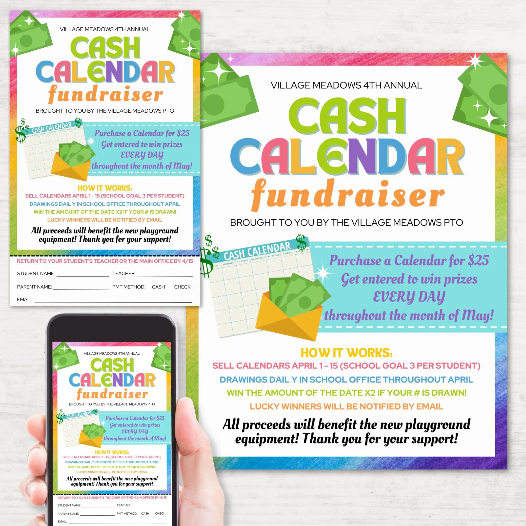 Image of a cash calendar fundraiser flyer, half sheet flyer with pre-order slip and flyer on phone displayed on white wood surface created from editable template.