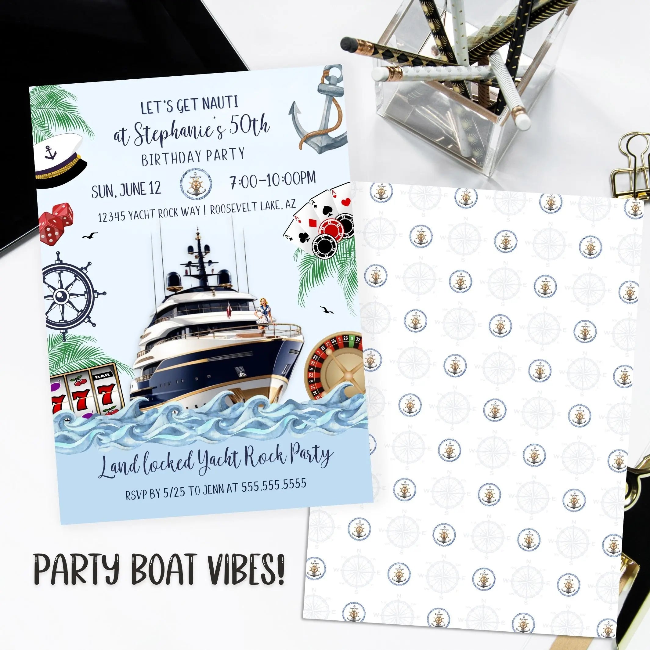 Party invitation with yacht illustration and party details on a white surface.