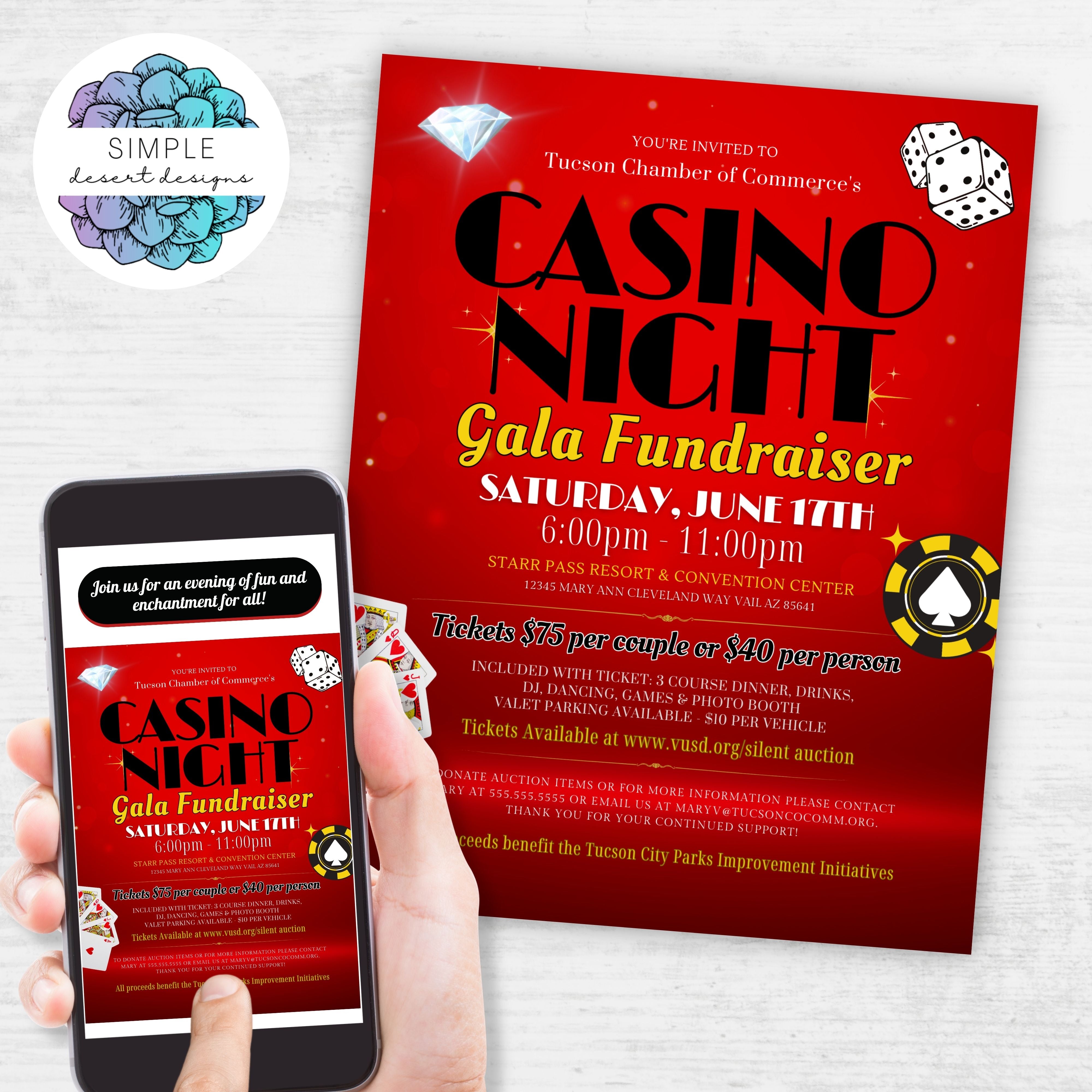 formal red black and gold casino night gala fundraiser flyers