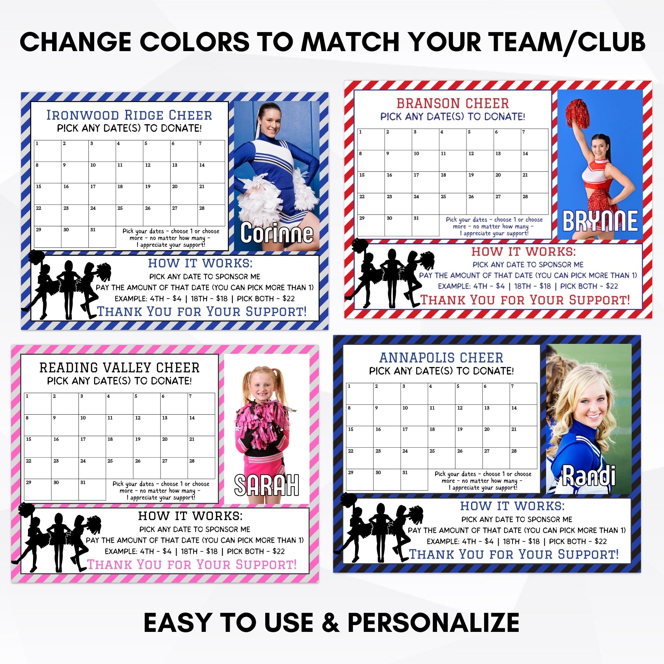 Collection of personalized cheerleading fundraising posters with photos and text.
