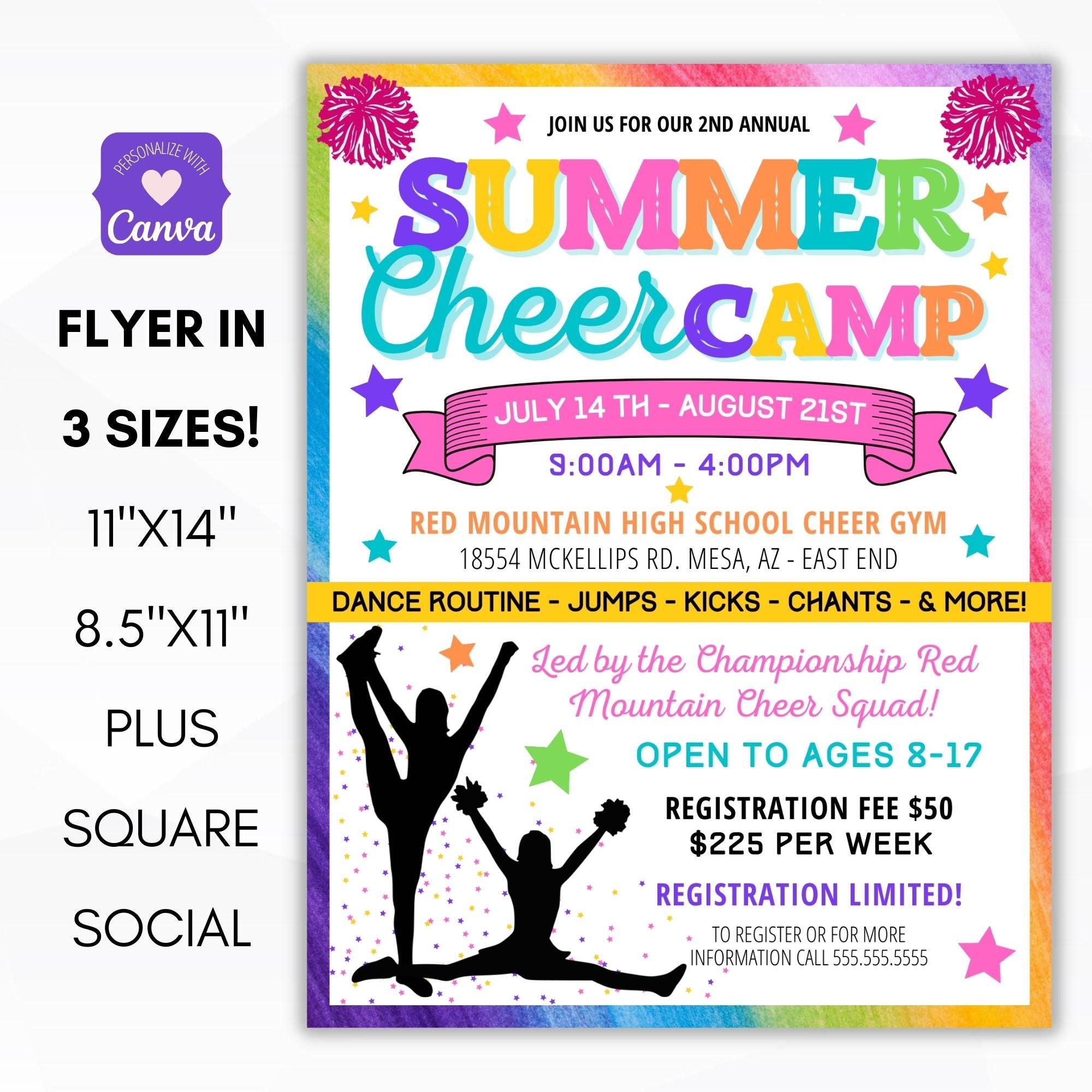 cheerleading camp flyer set, girls cheer pons dance team summer camp, marketing invite, middle high school teen printable editable template