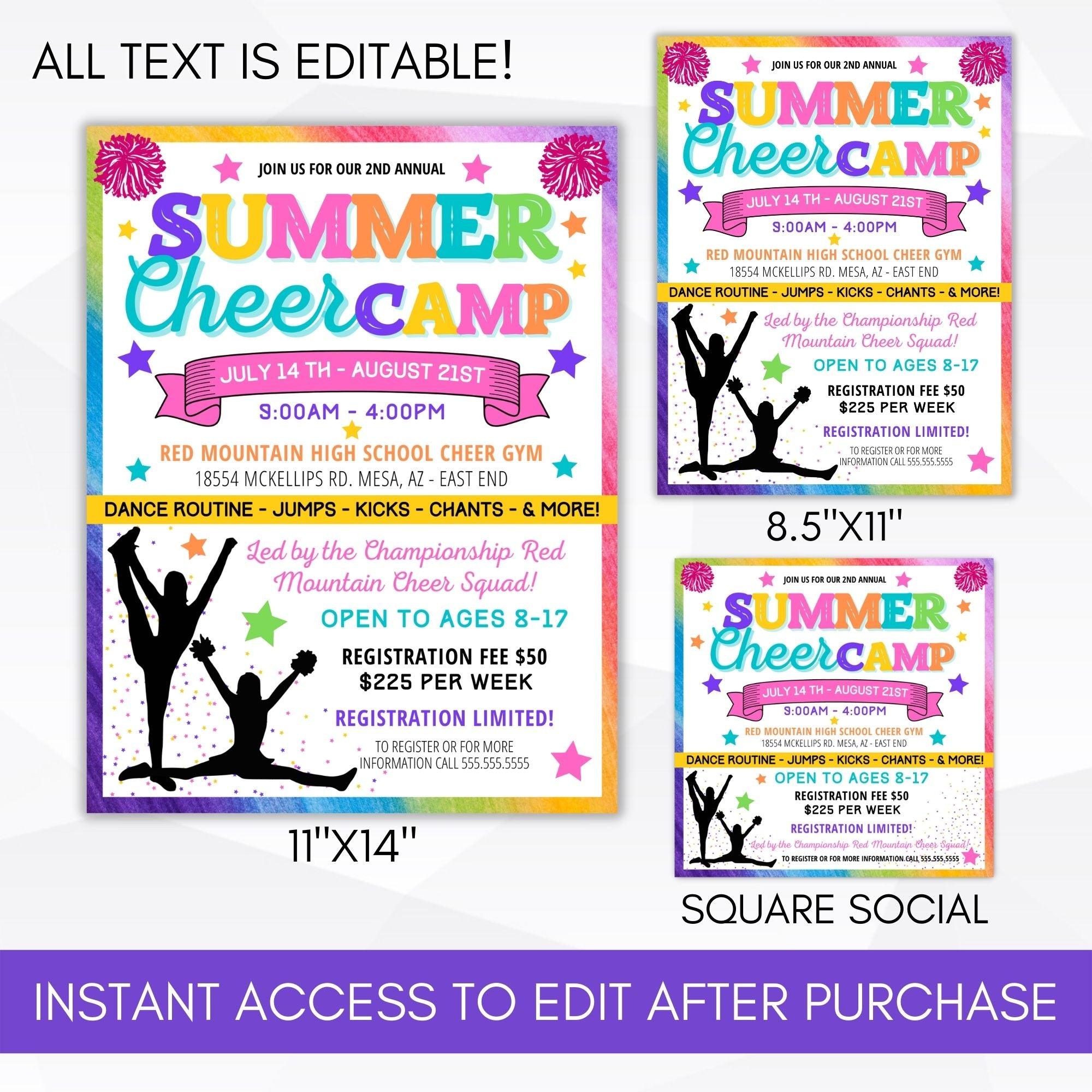 cheerleading camp flyer poster social media marketing set for community recreation center school club