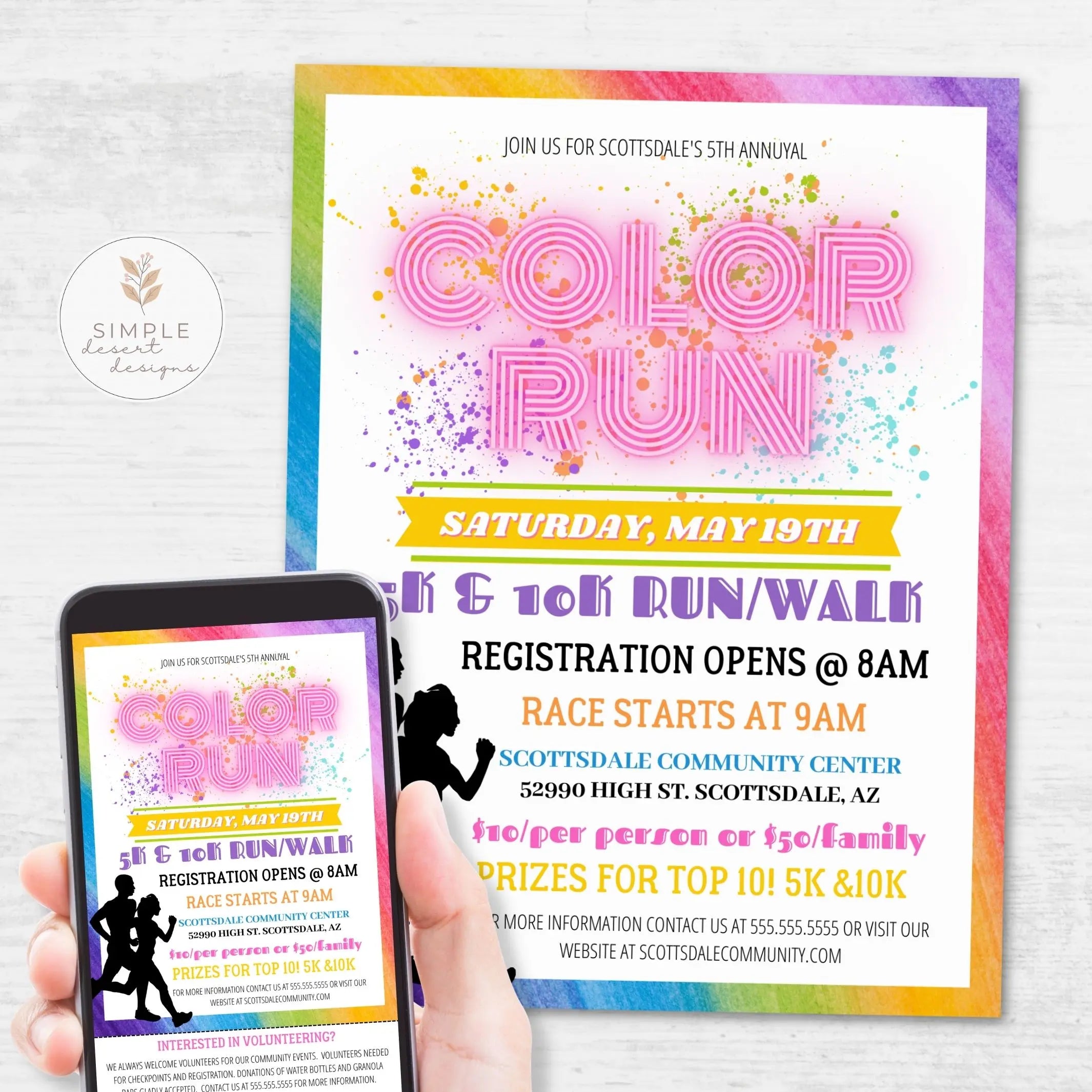 Image of color run flyer template customized for a a community center in Scottsdale.