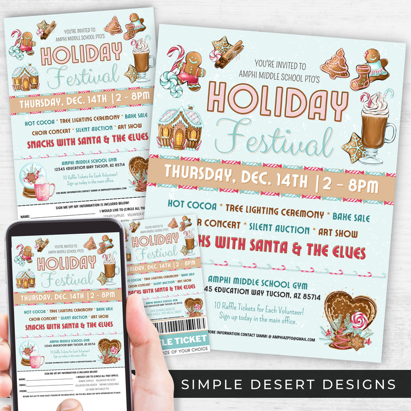 gingerbread theme holiday festival fundraiser event flyers ticket template and poster bundle for schools church and community events
