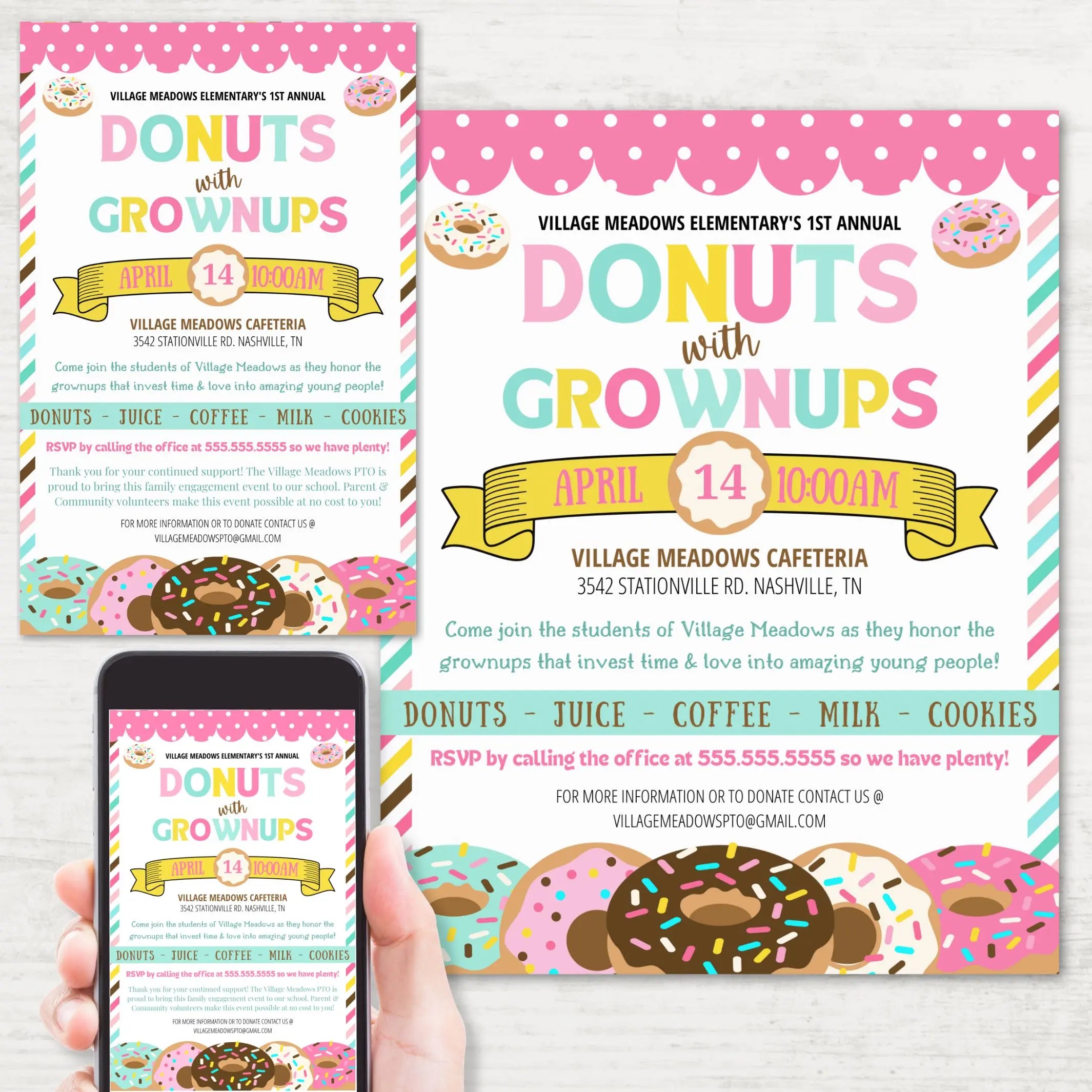 Photo of colorful full and half sheet donuts with grownups flyer templates printed on wood surface and on phone.