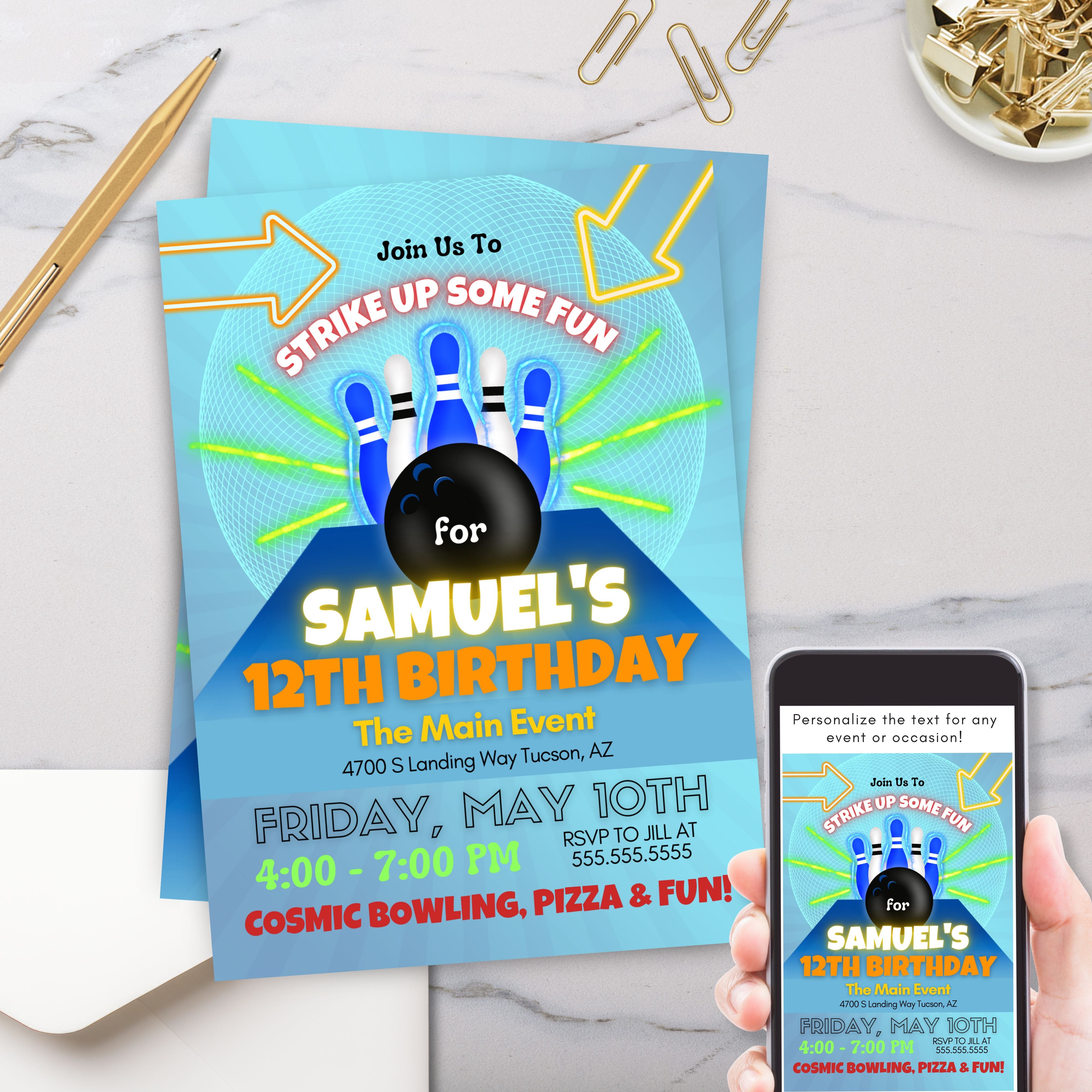 neon lights cosmic bowling birthday party invitations