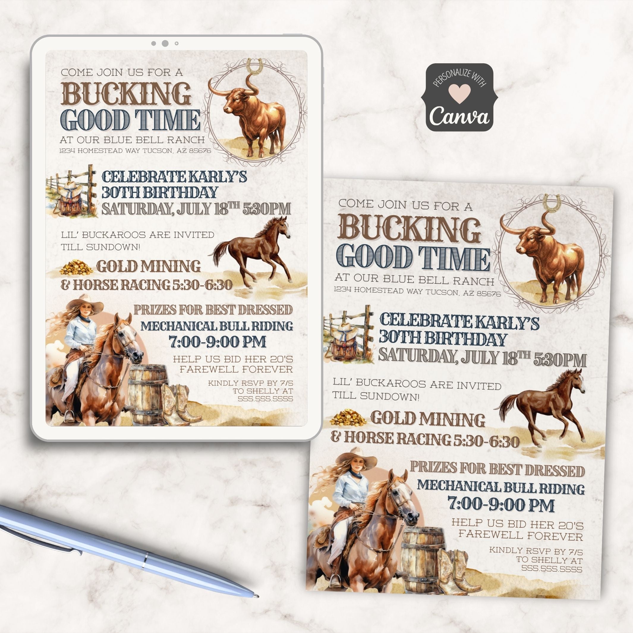 Rustic country western cowgirl themed bull riding birthday party invitation on tablet and printed on marble surface with blue pen representing an editable template for any milestone birthday celebration. Blonde woman on horseback with watercolor bull, horses, boots, barrel and riding graphics.