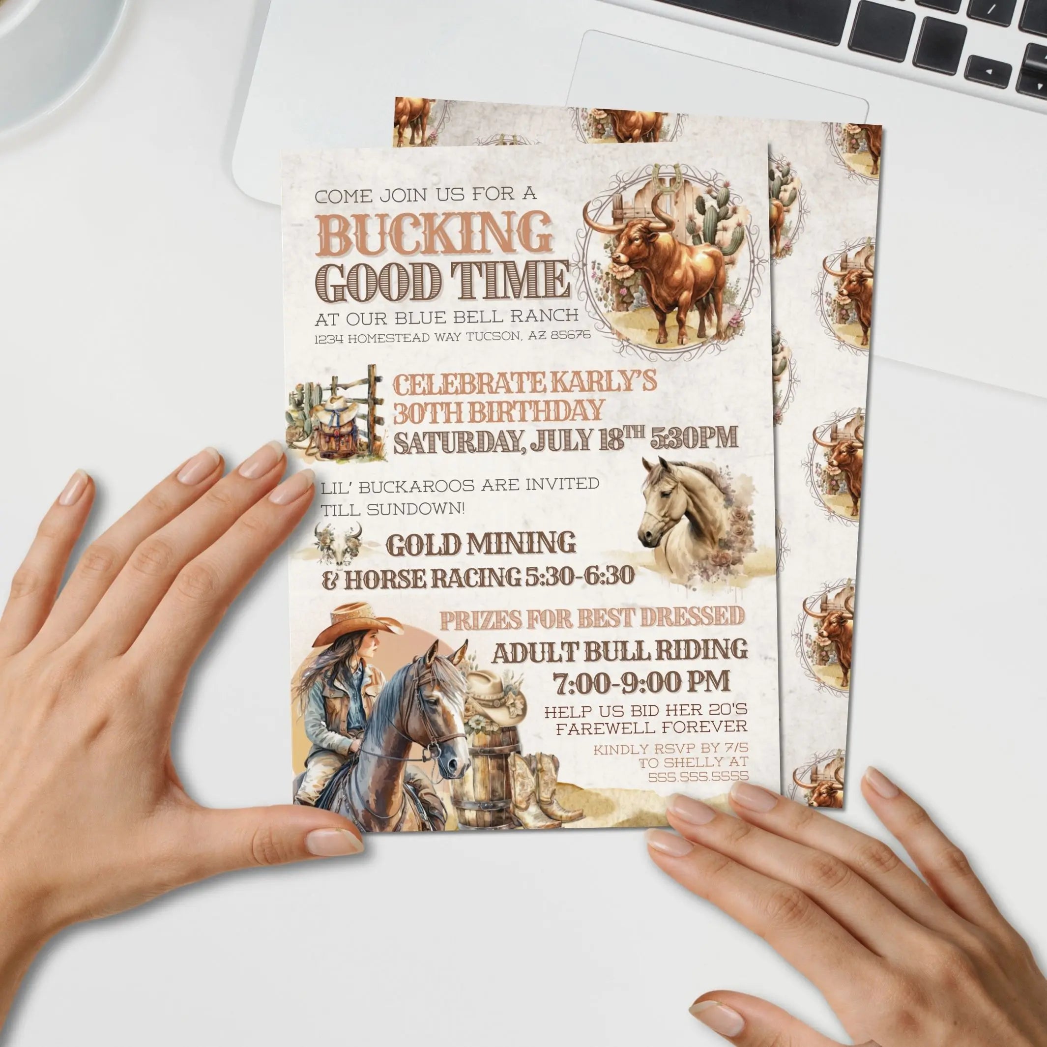 Rustic and elegant cowgirl themed bull riding party invitation for rodeo queens and true cowgirls. Printed on desk surface with keyboard representing editable milestone birthday invitation template by Simple Desert Designs.