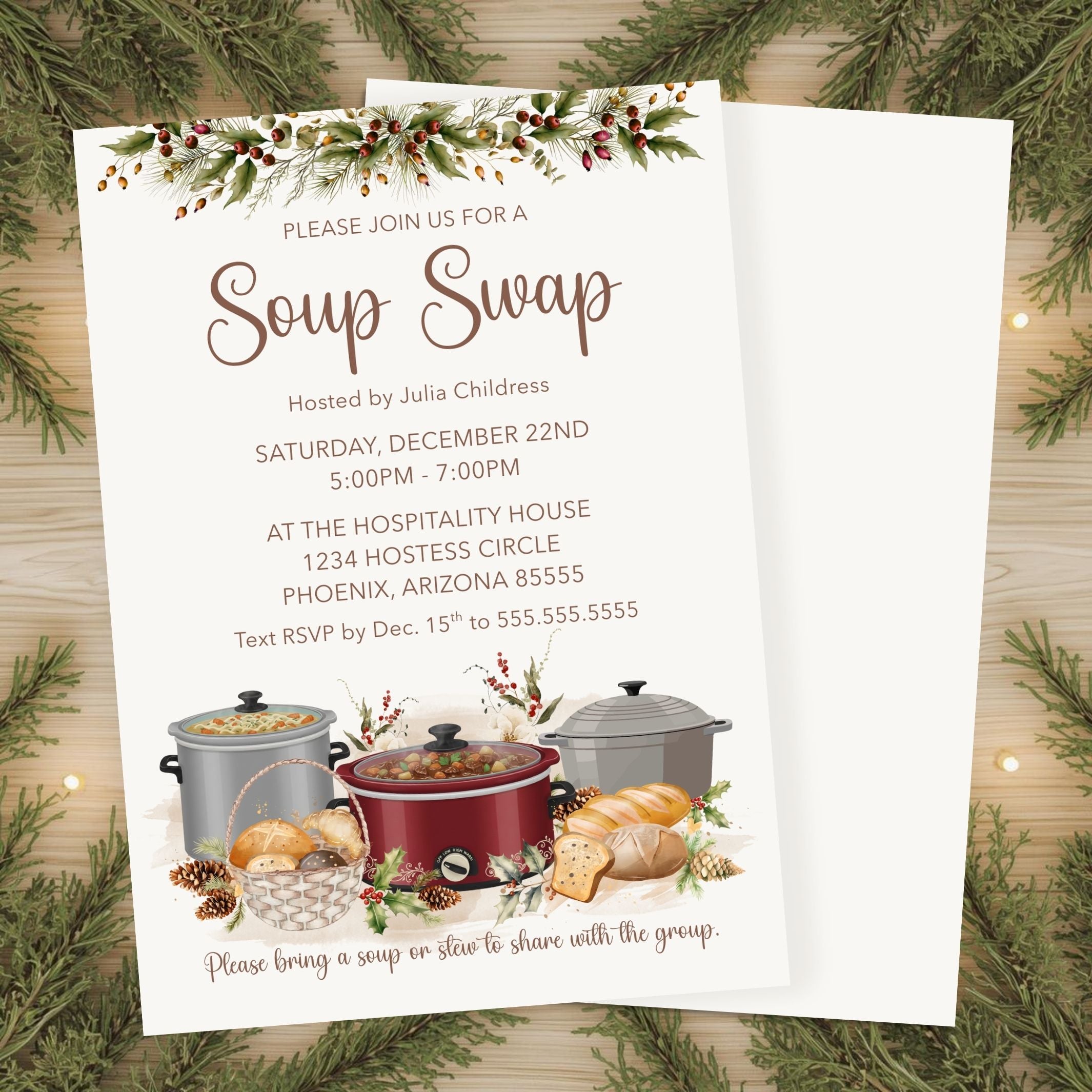 Invitation card for a Soup Swap event with crock pots and bread on a decorative background.