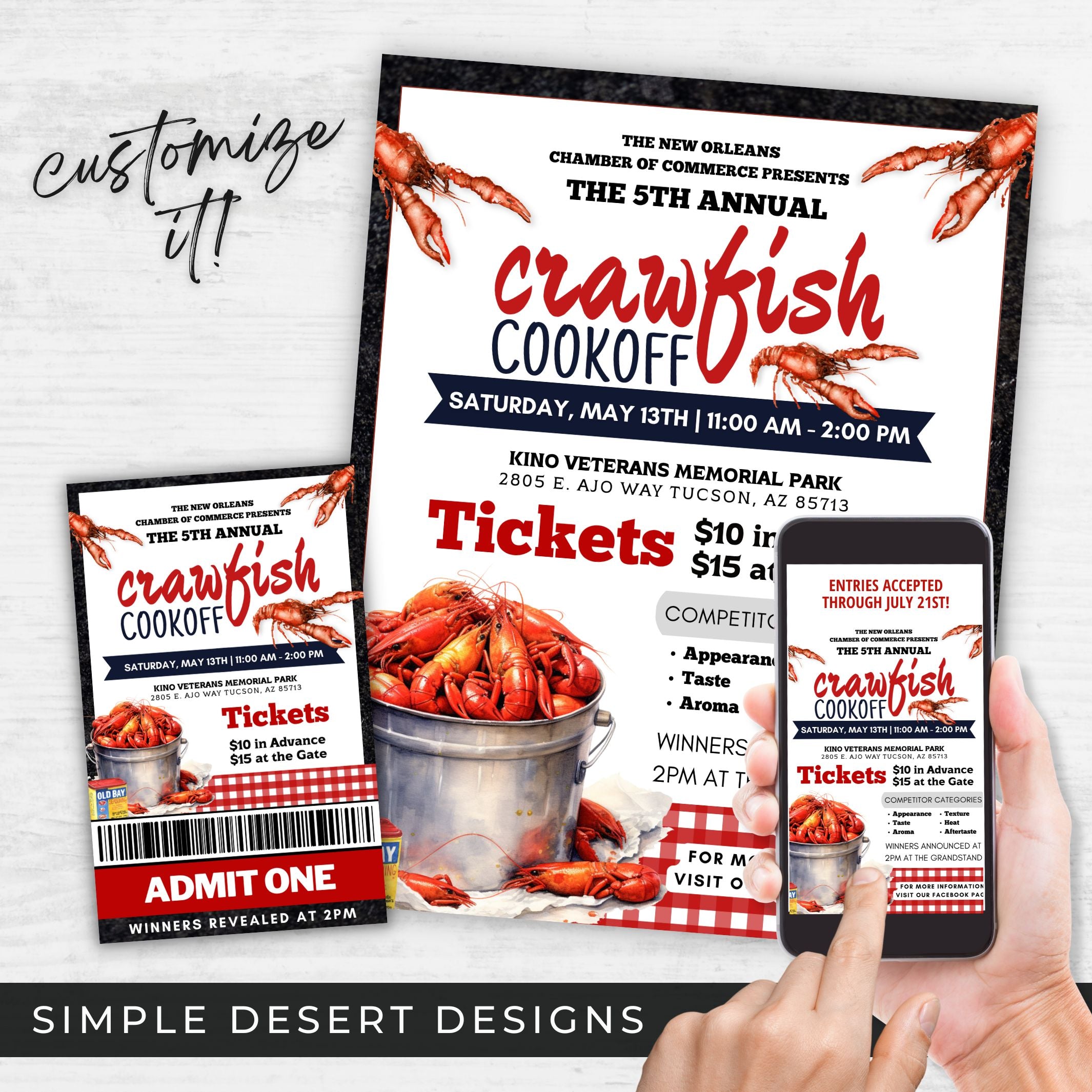 A digital image showcasing customizable crawfish boil fundraiser templates including a poster, flyer, and ticket designs with editable text and graphics.