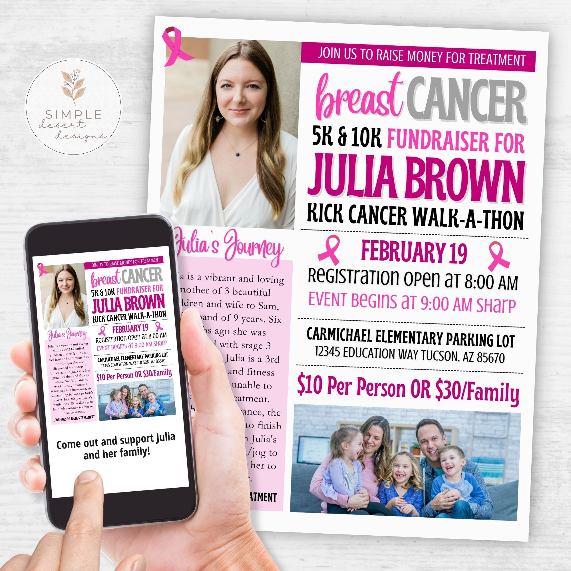 Promotional flyer for a breast cancer fundraiser featuring a woman and family, held by a hand with a phone.