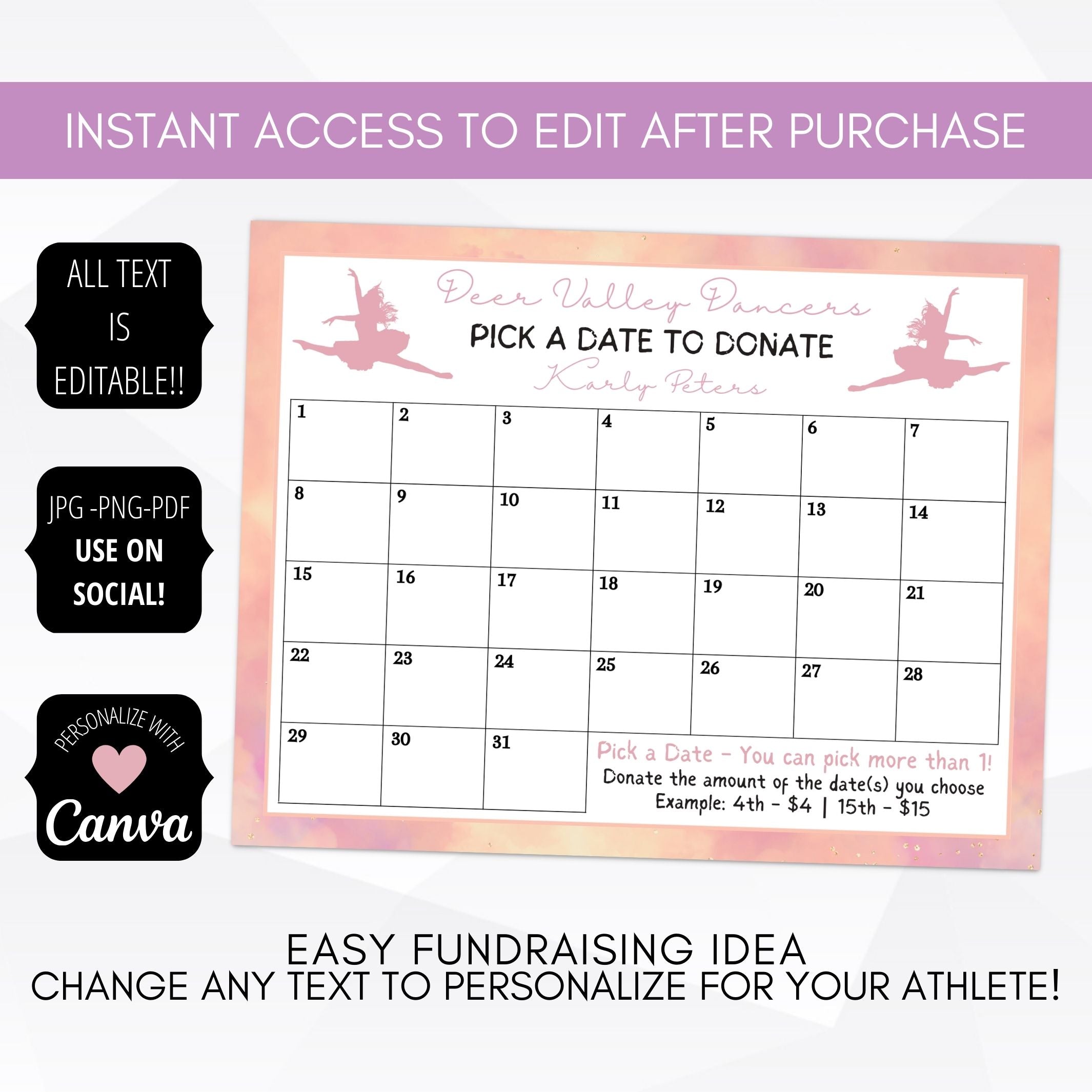 blush pink and peach dancing calendar template for dance studio