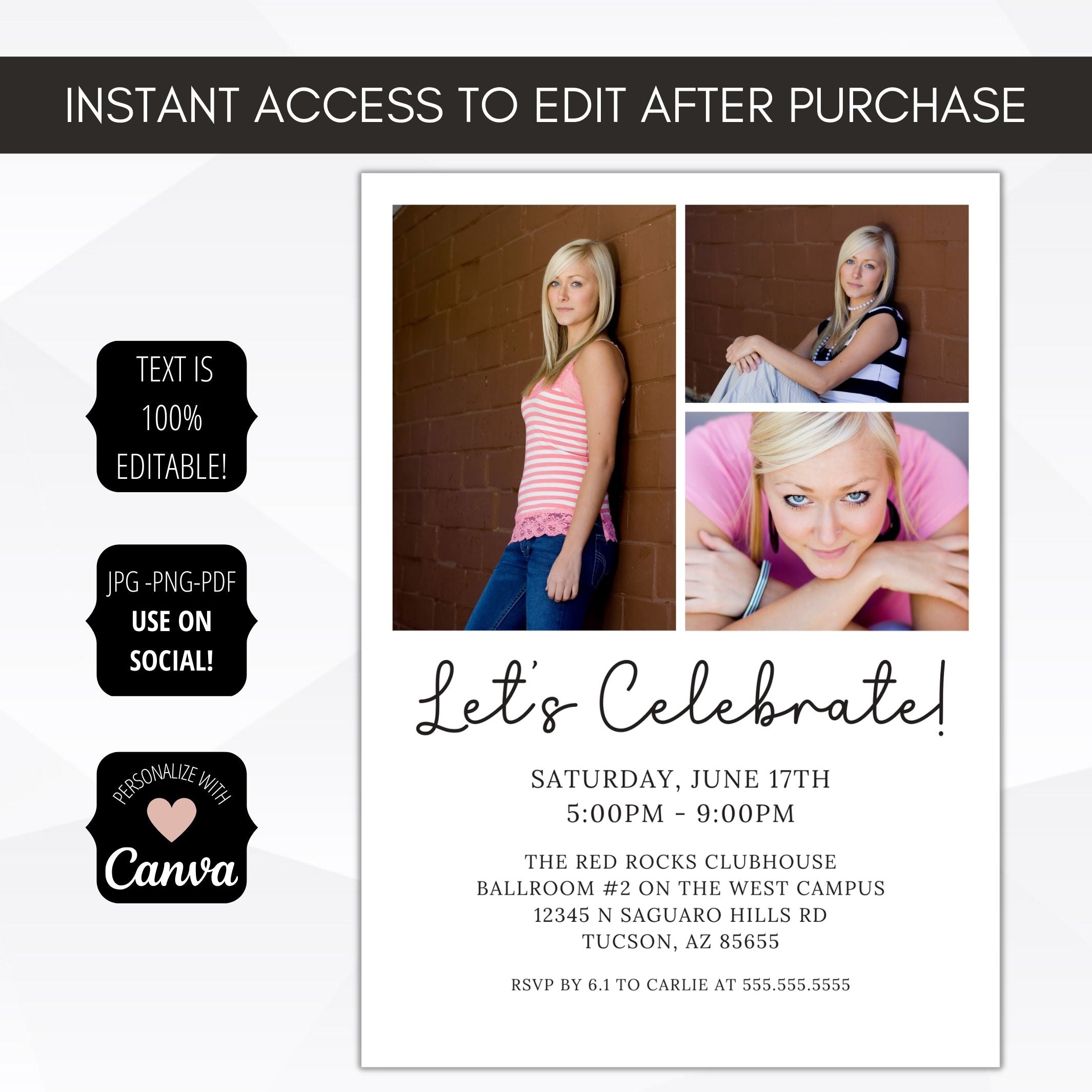 back of graduation invitation with photos and grad party details