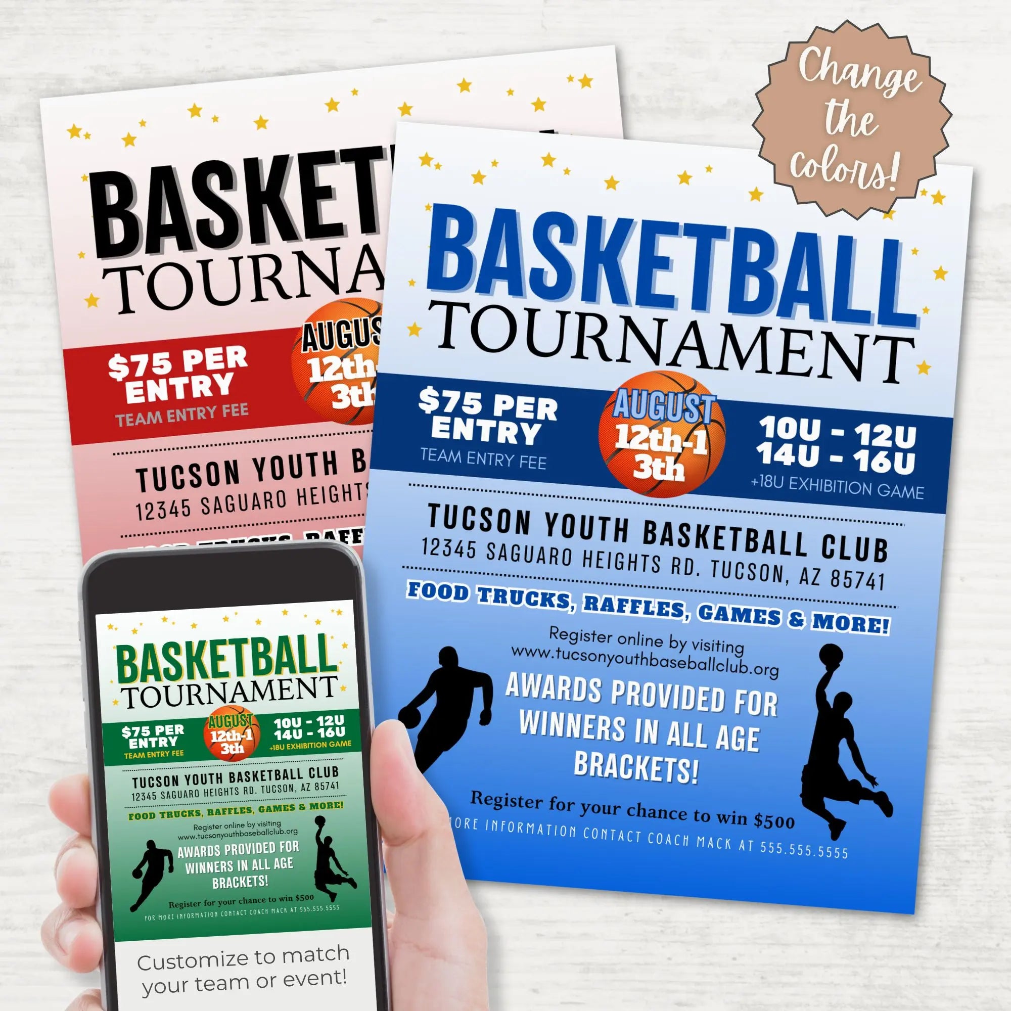 Basketball tournament flyer with customizable color options on a white background