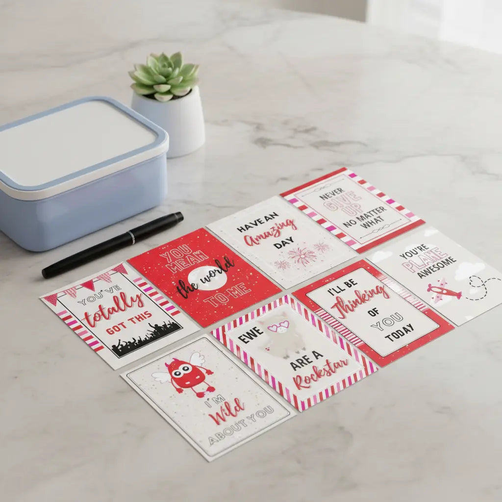 Set of printable encouragement cards on a marble surface with a pen and small plant.