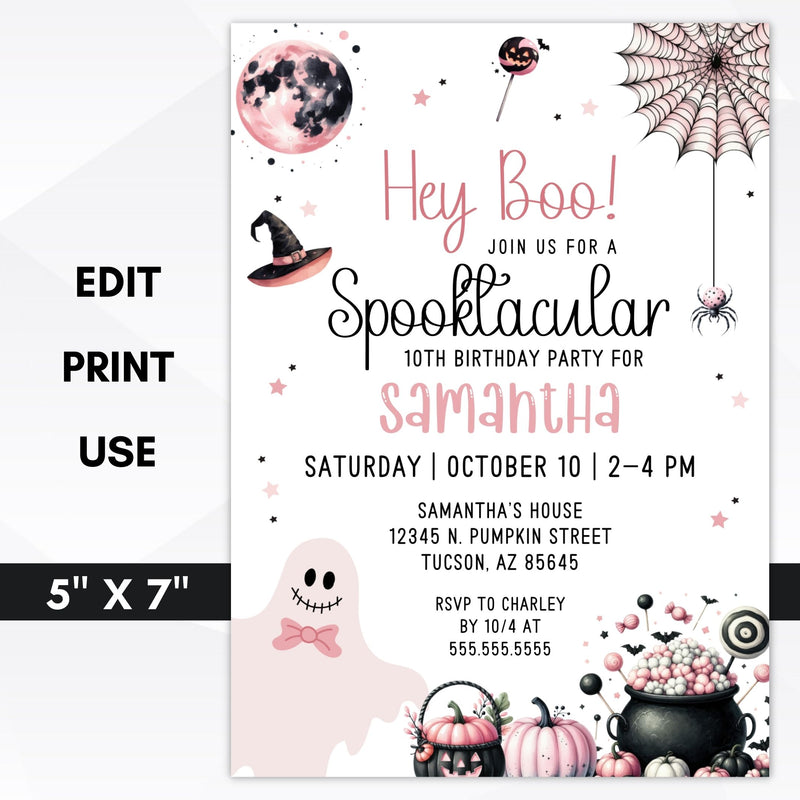 pink spooktacular birthday party invitation for girls