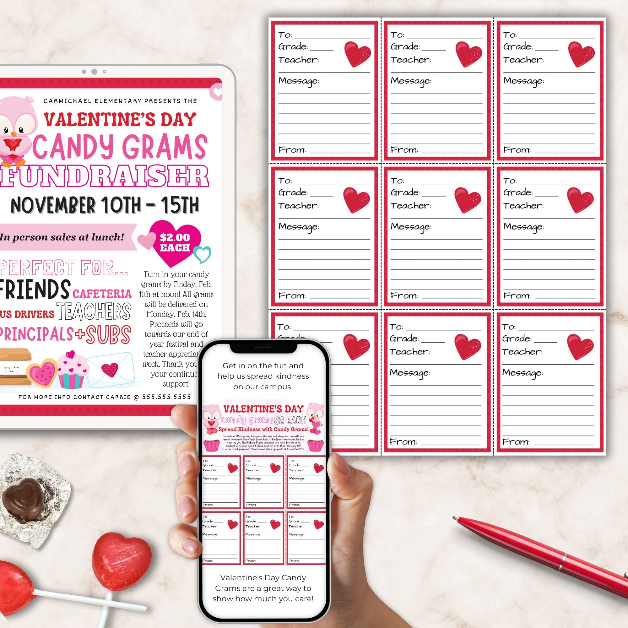 Valentine's Day Candy Grams fundraiser flyer with templates on a white surface.