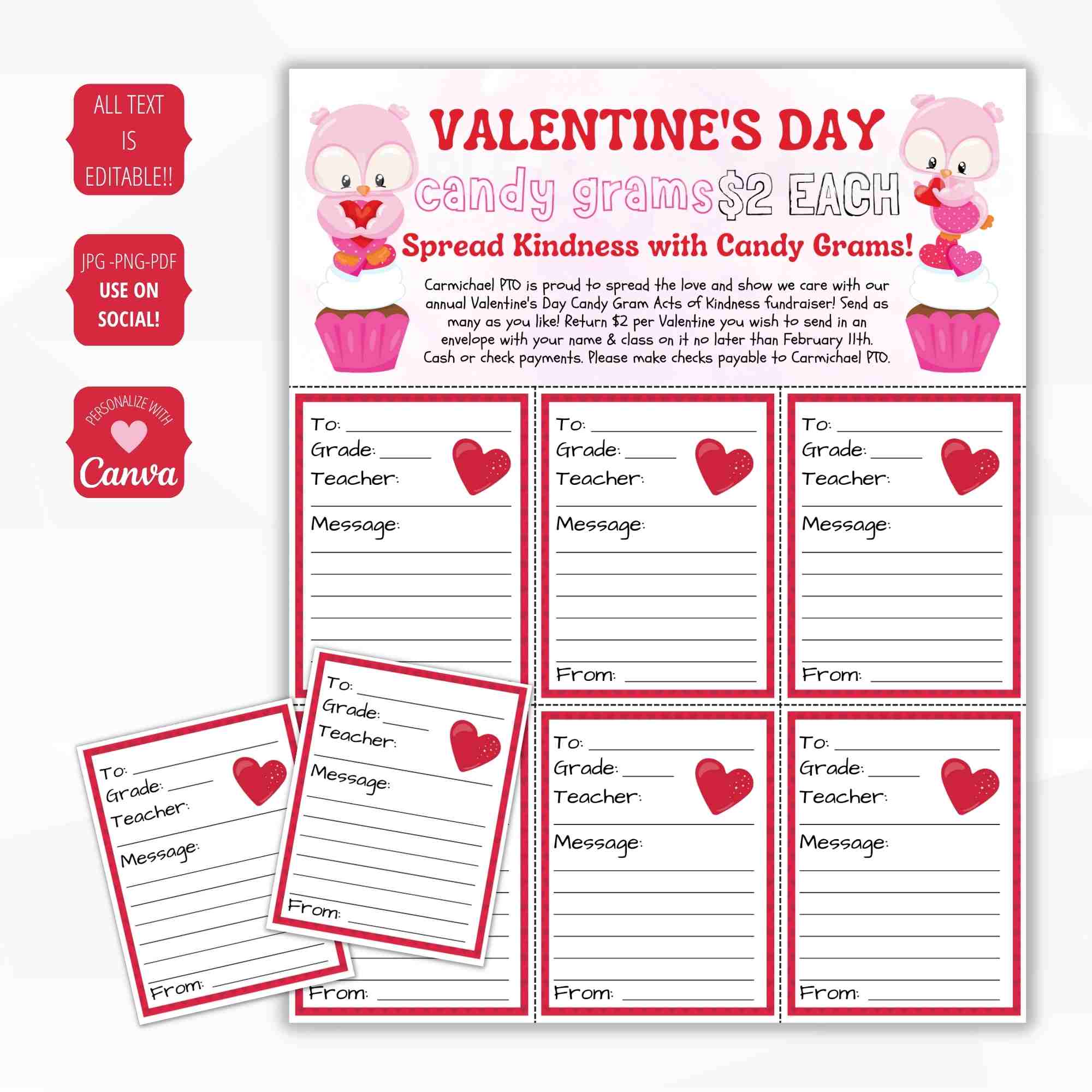 Valentine's Day candy gram template with owl design and editable text options.