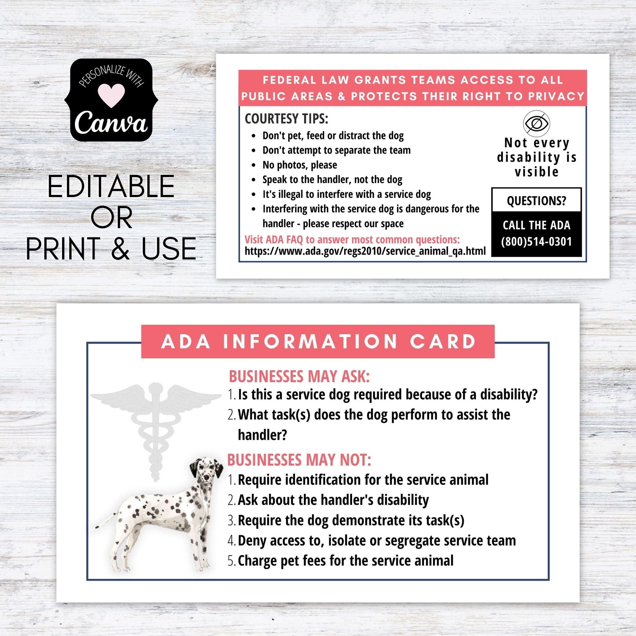 ADA law cards for service dogs and service teams
