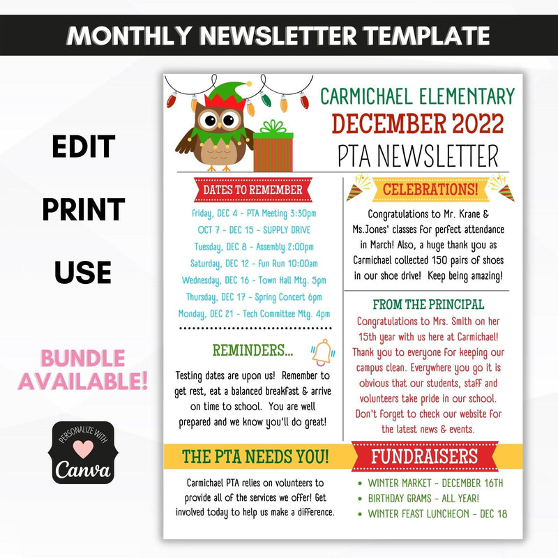 school pto pta DECEMBER newsletter template