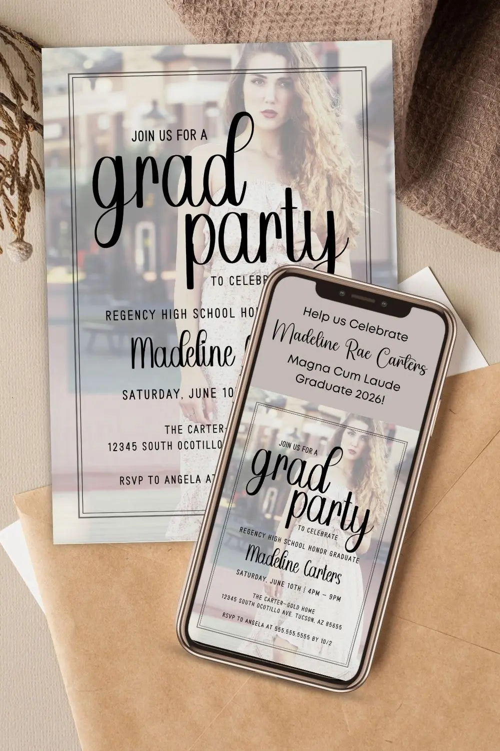 Modern graduation party invitation on a phone screen with a printed version on a surface representing editable and digital invitation templates by Simple Desert Designs.