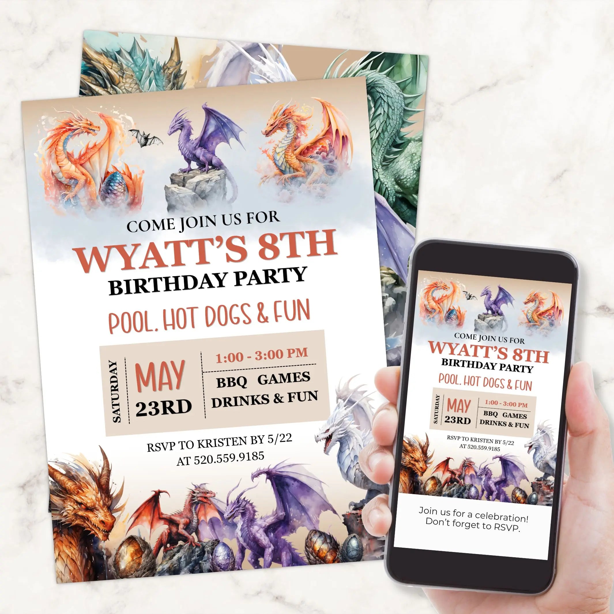 Birthday party invitation with dragons and a phone displaying the same design.