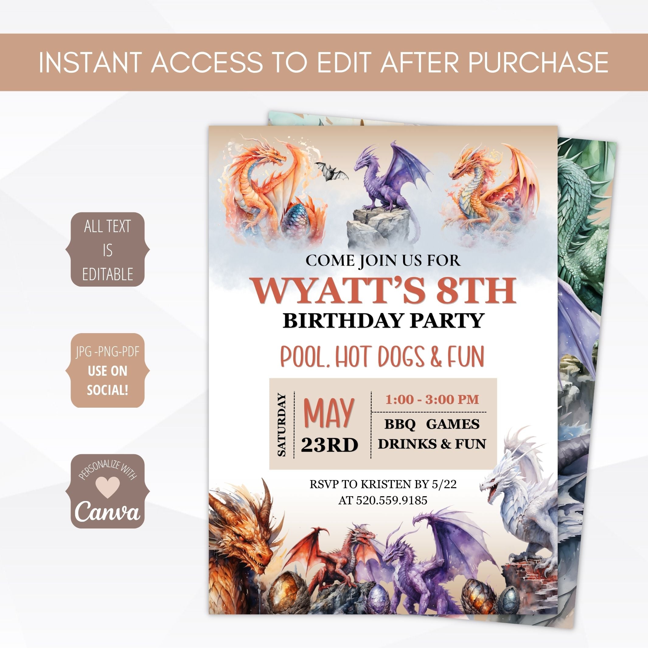 Birthday party invitation with dragons and editable text on a white background