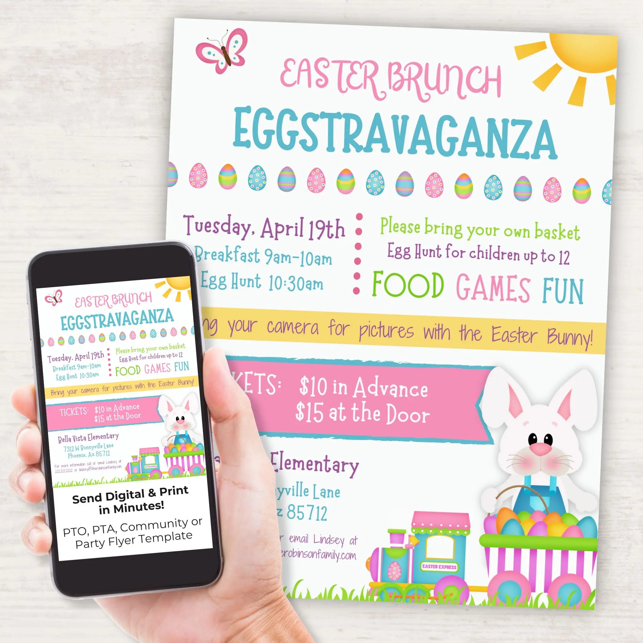 Easter brunch flyer template customized with space for prices, itinerary and more with a smartphone displaying the same flyer on a white background