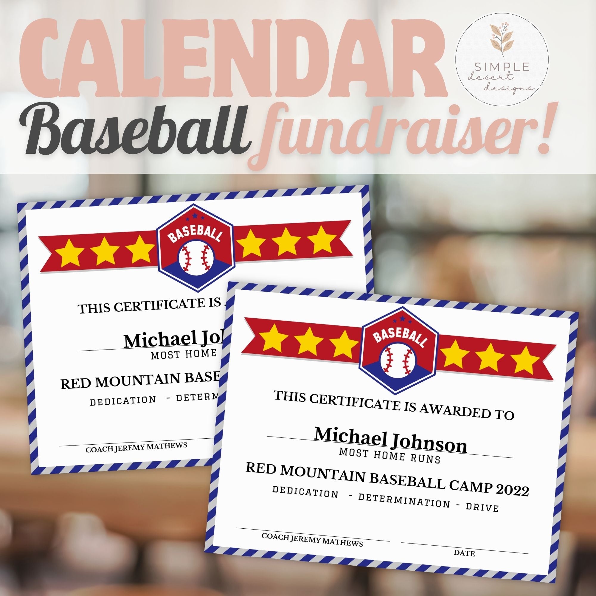Two baseball certificates with a blurred background and text overlay.