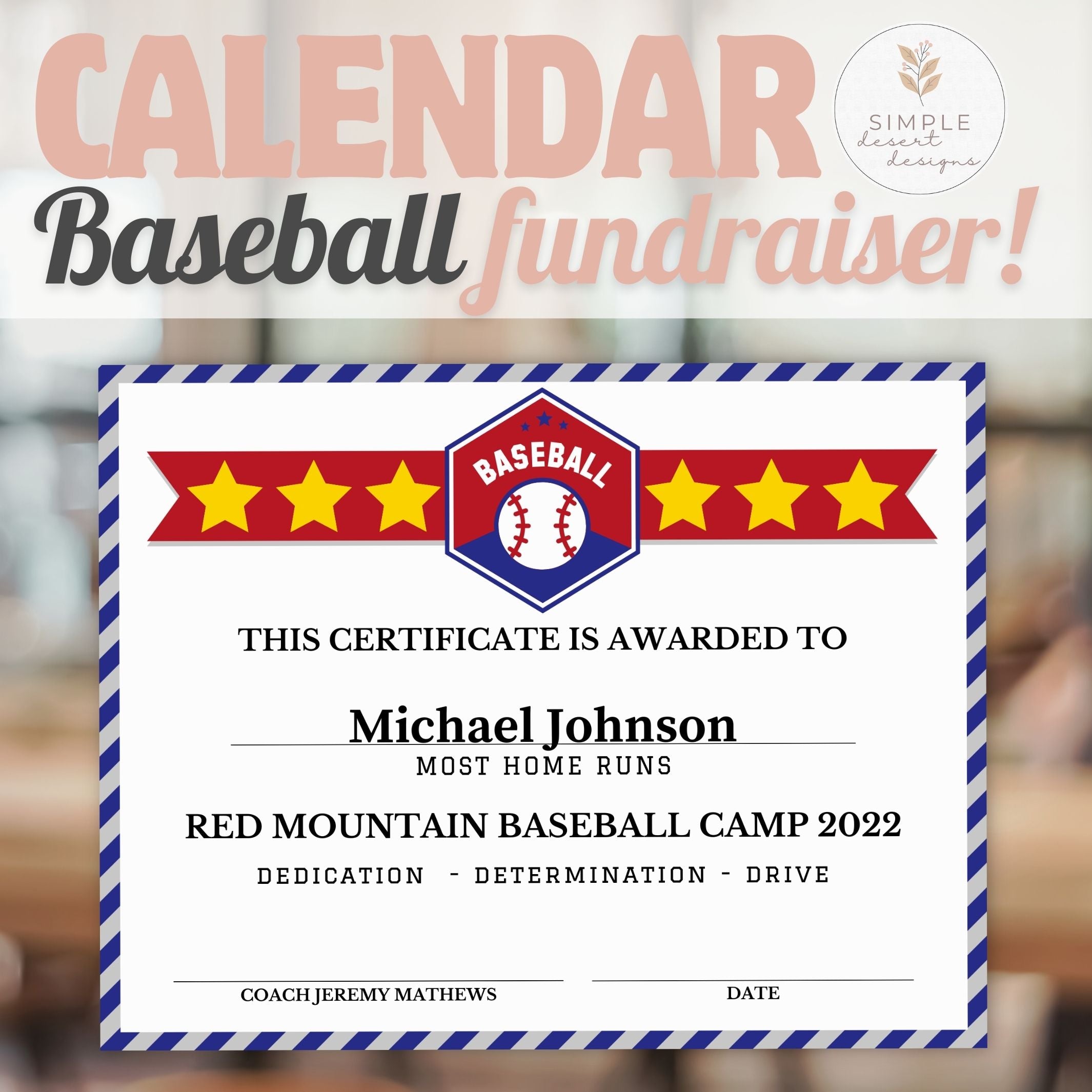 Baseball fundraising certificate for Michael Johnson at Red Mountain Baseball Camp 2022 with a blurred background.