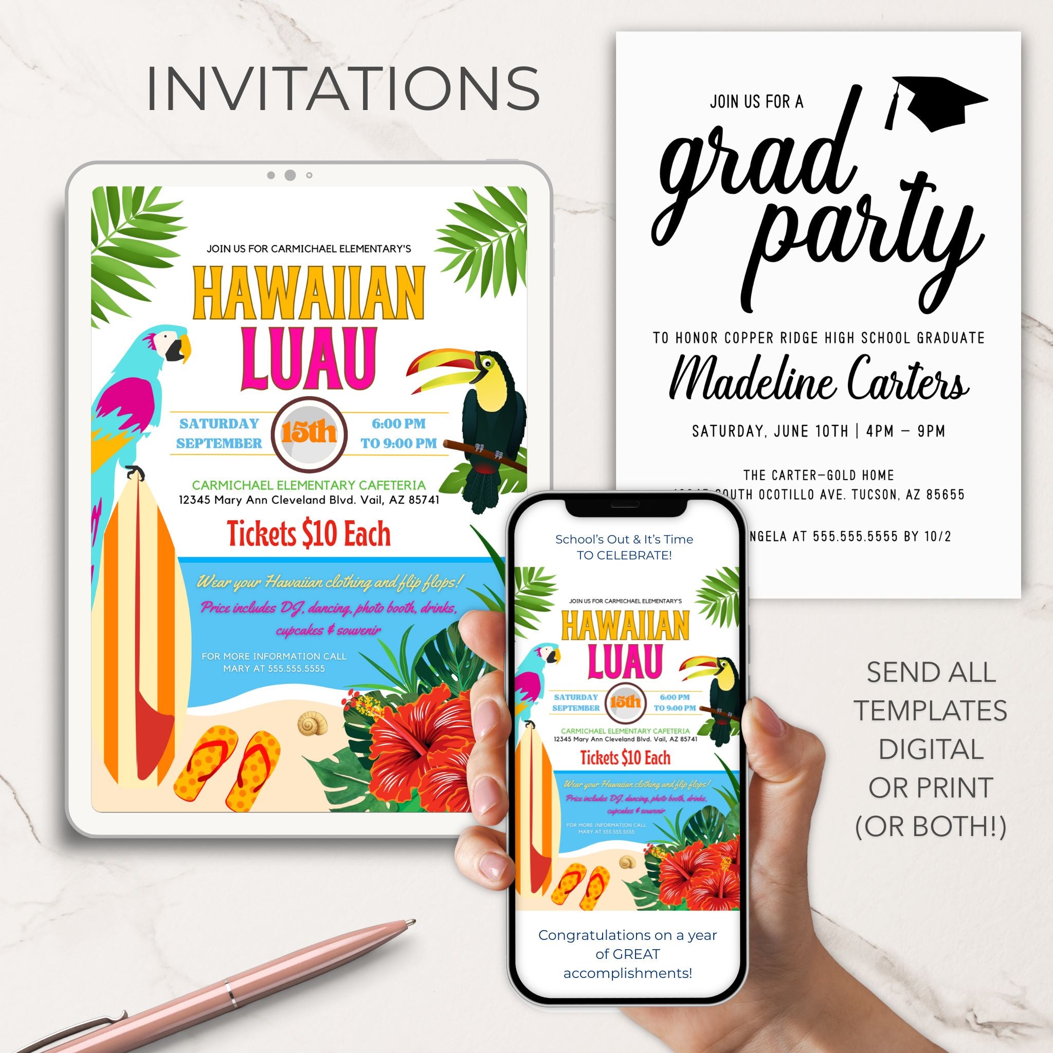 Invitations for a Hawaiian Luau and a graduation party displayed on digital and print platforms.