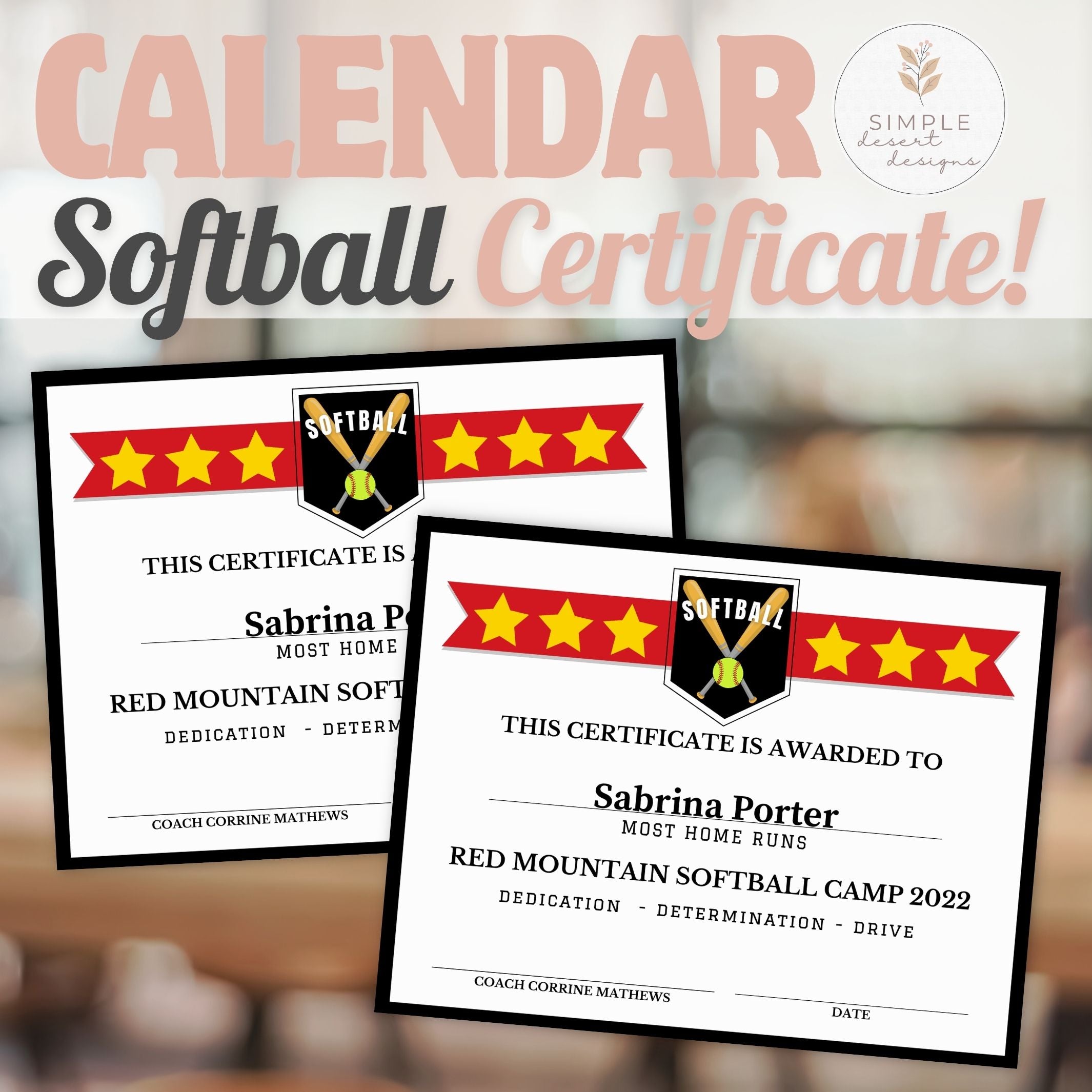 modern minimalist softball certificate with customizable colors for coaches and team moms