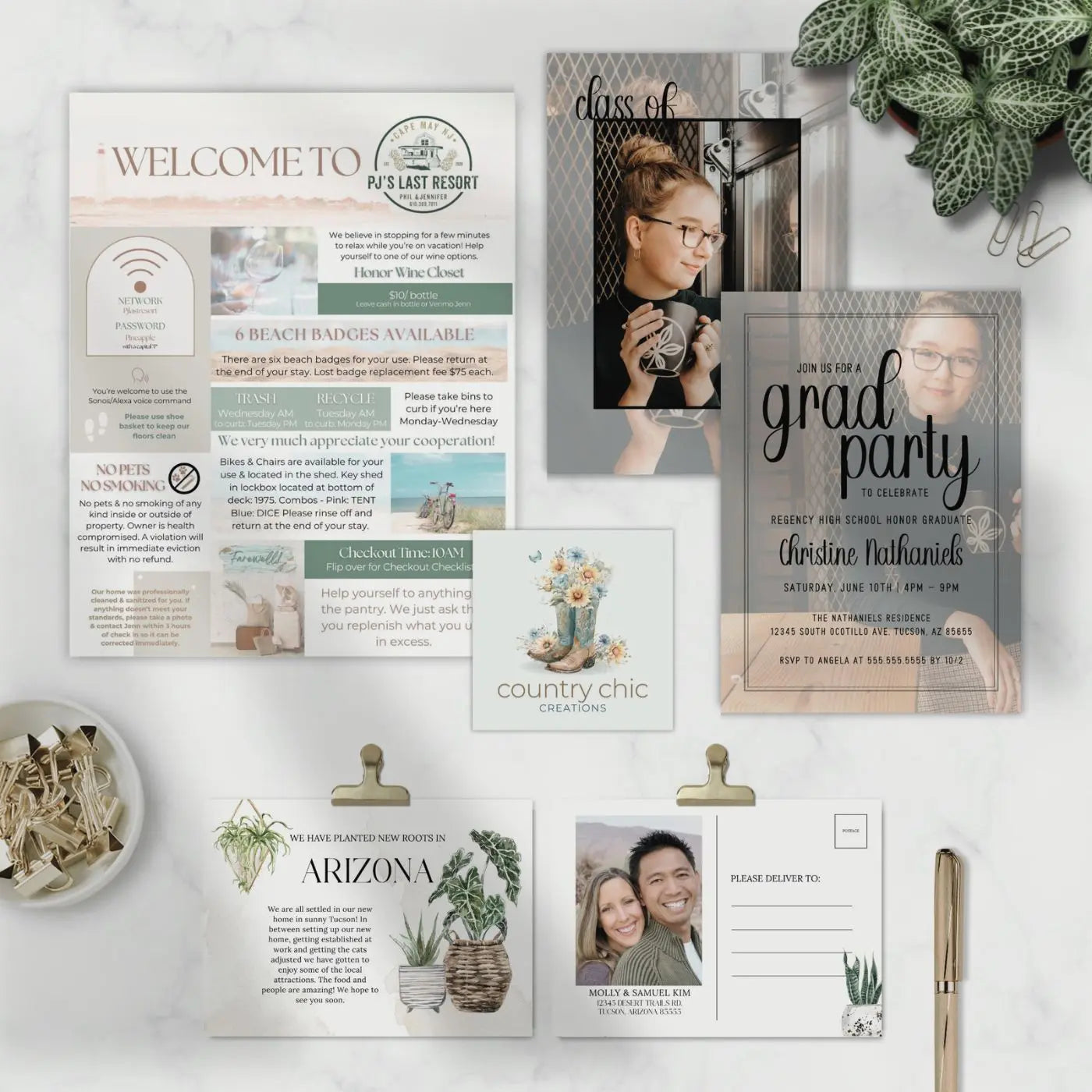 Collection of graduation-themed invitations and announcements with real estate flyer, business card and new address cards on a white surface with plants representing editable templates for all life events and occasions by Simple Desert Designs.