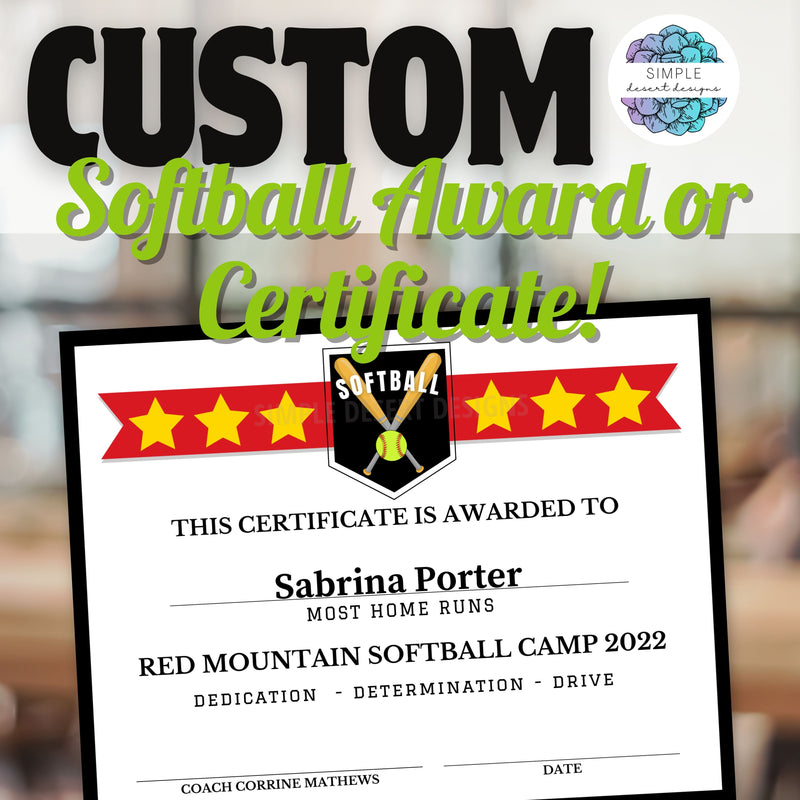 customizable colors and text on editable softball award certificates