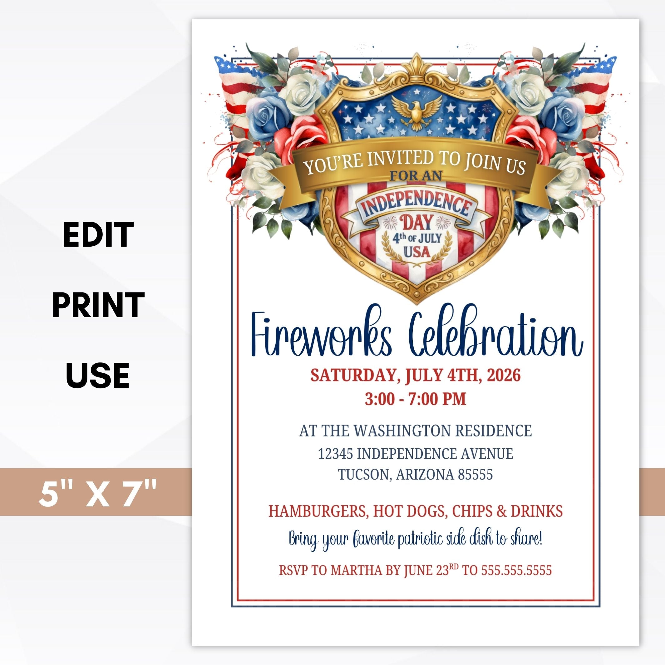 Independence Day invitation with American flag design and text details.