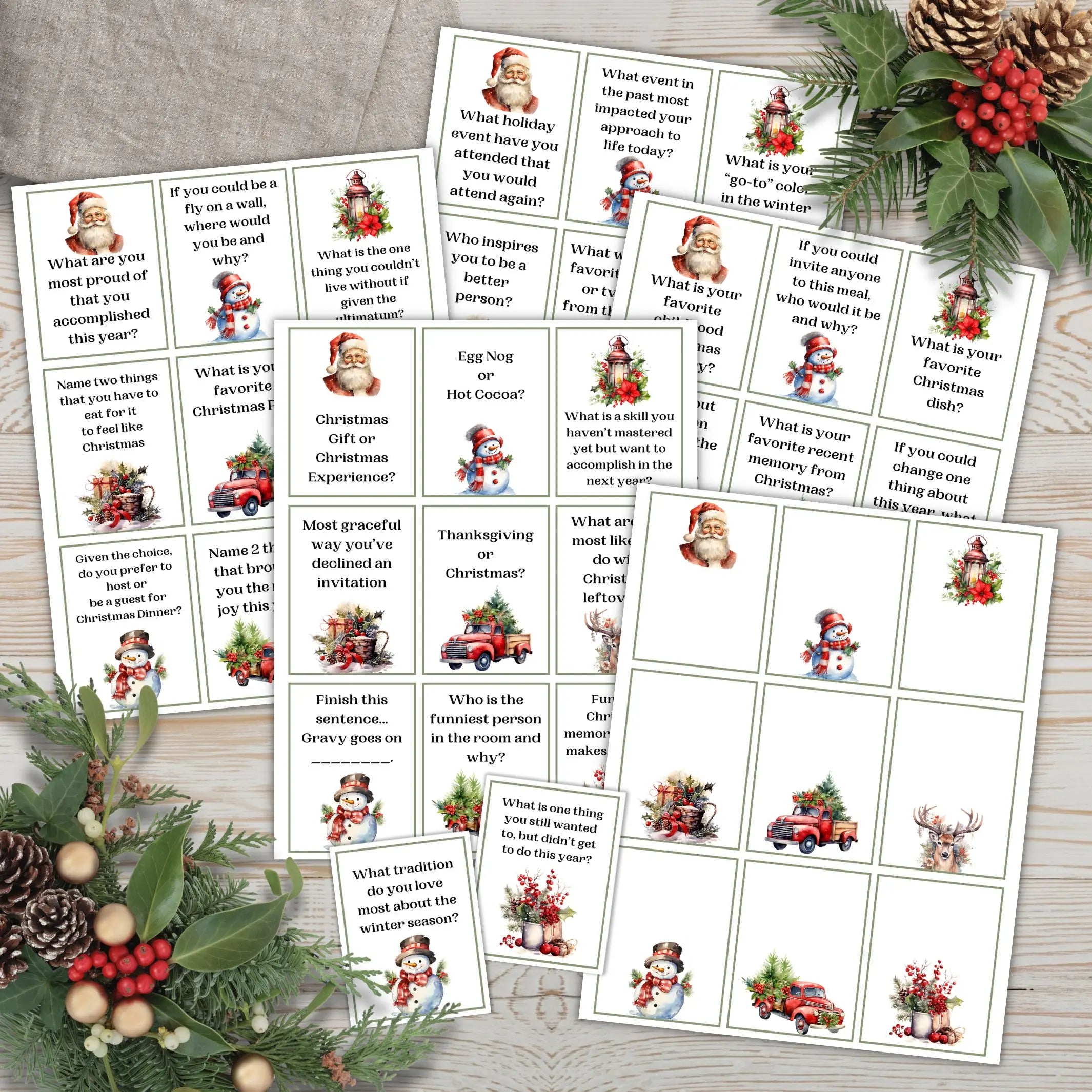 Set of printable Christmas-themed ice breaker question cards on a wooden surface with decorative elements for holiday conversation starters.