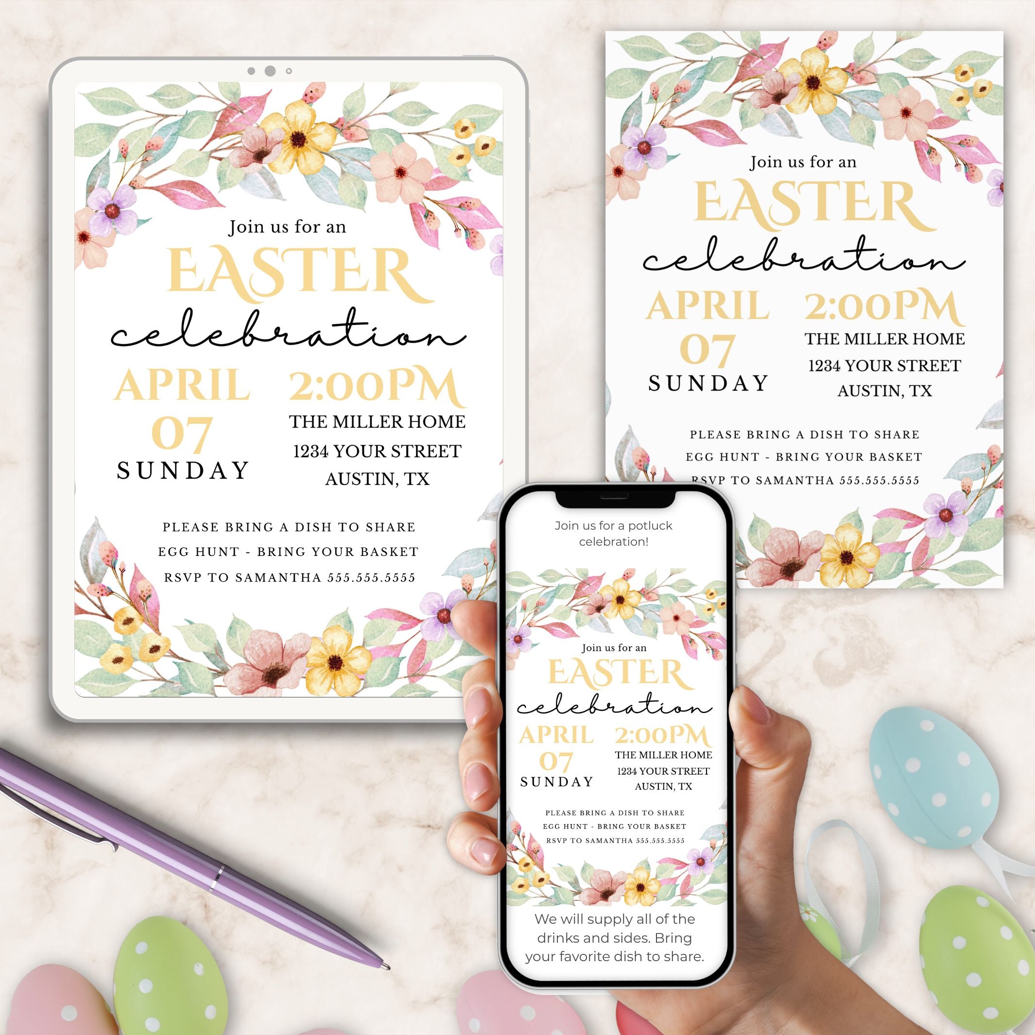 Easter celebration invitation with floral design on a smartphone and paper.