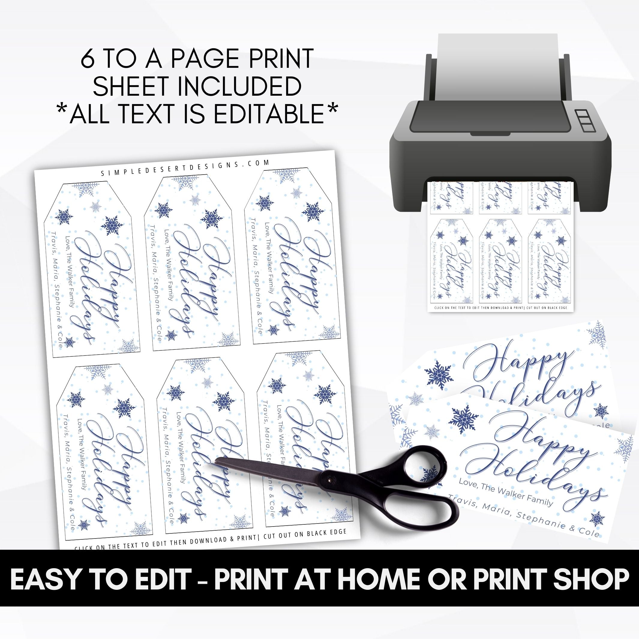 last minute printable happy holidays blue snowflakes theme gift tags print sheet