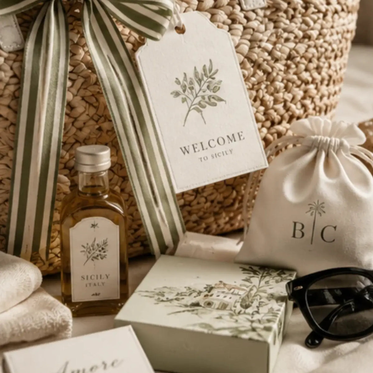 elegant minimal neutral ivory and green sicily italy wedding favors