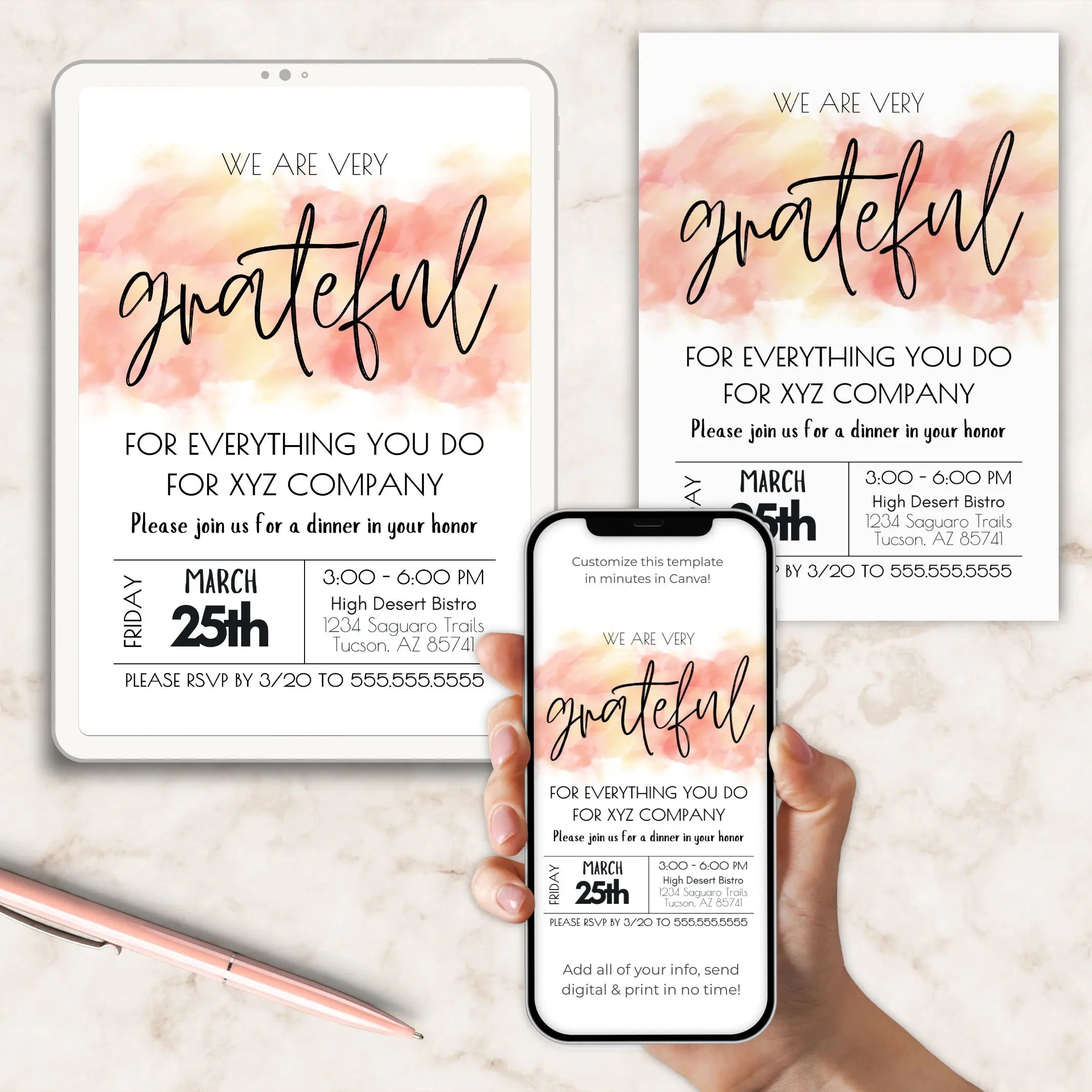 Invitation card design with watercolor text on a phone and paper