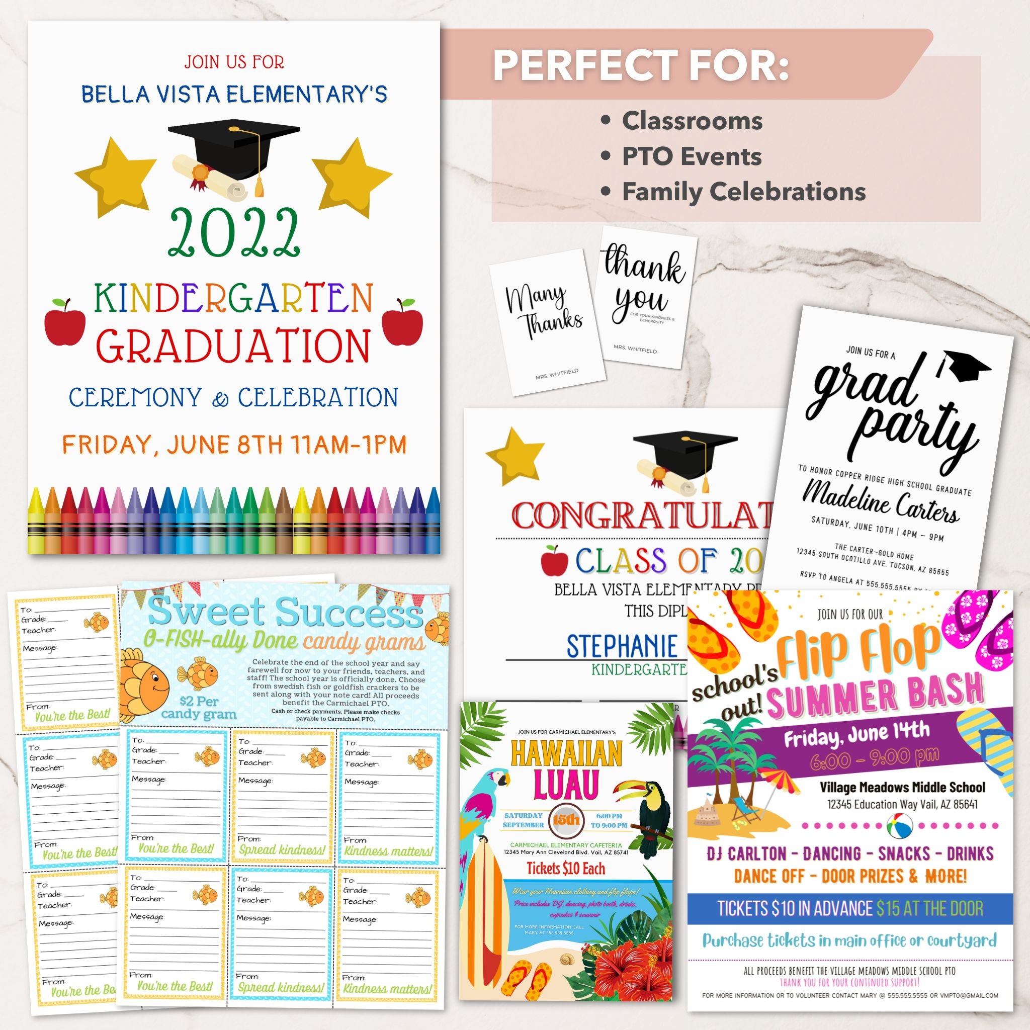 Collection of graduation and end of the school year event celebration posters, invitations, candy grams, and thank you cards on a white background.