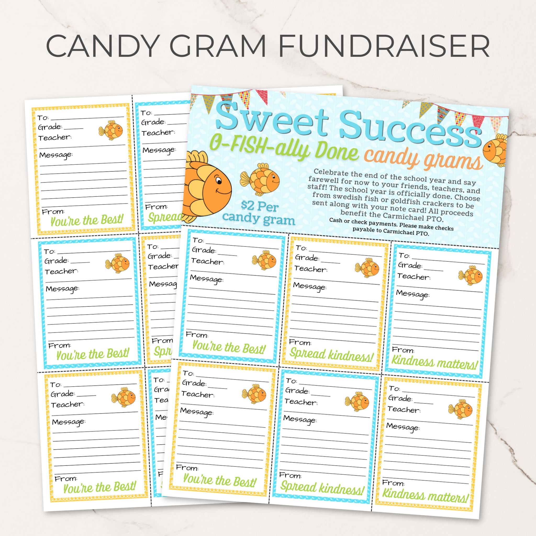 Candy Gram Fundraiser flyer with fish-themed design on a white background for goldfish or swedish fish candy gram event for schools and churches.