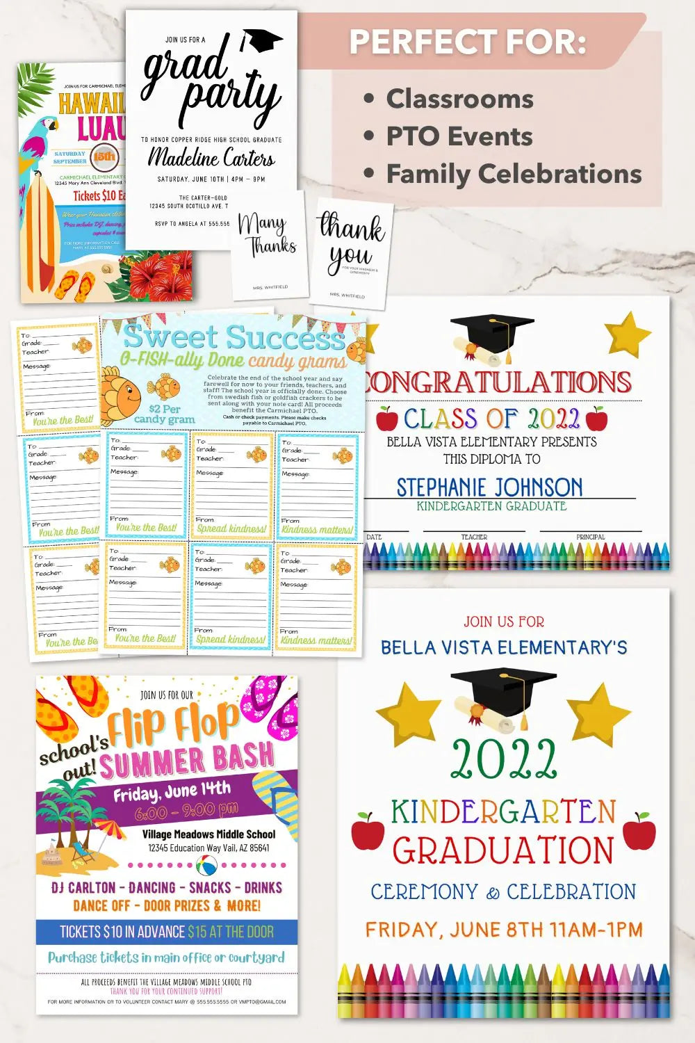 Collection of end of school year and graduation-themed posters and invitations, plus thank you cards with colorful designs and editable templates bundle.