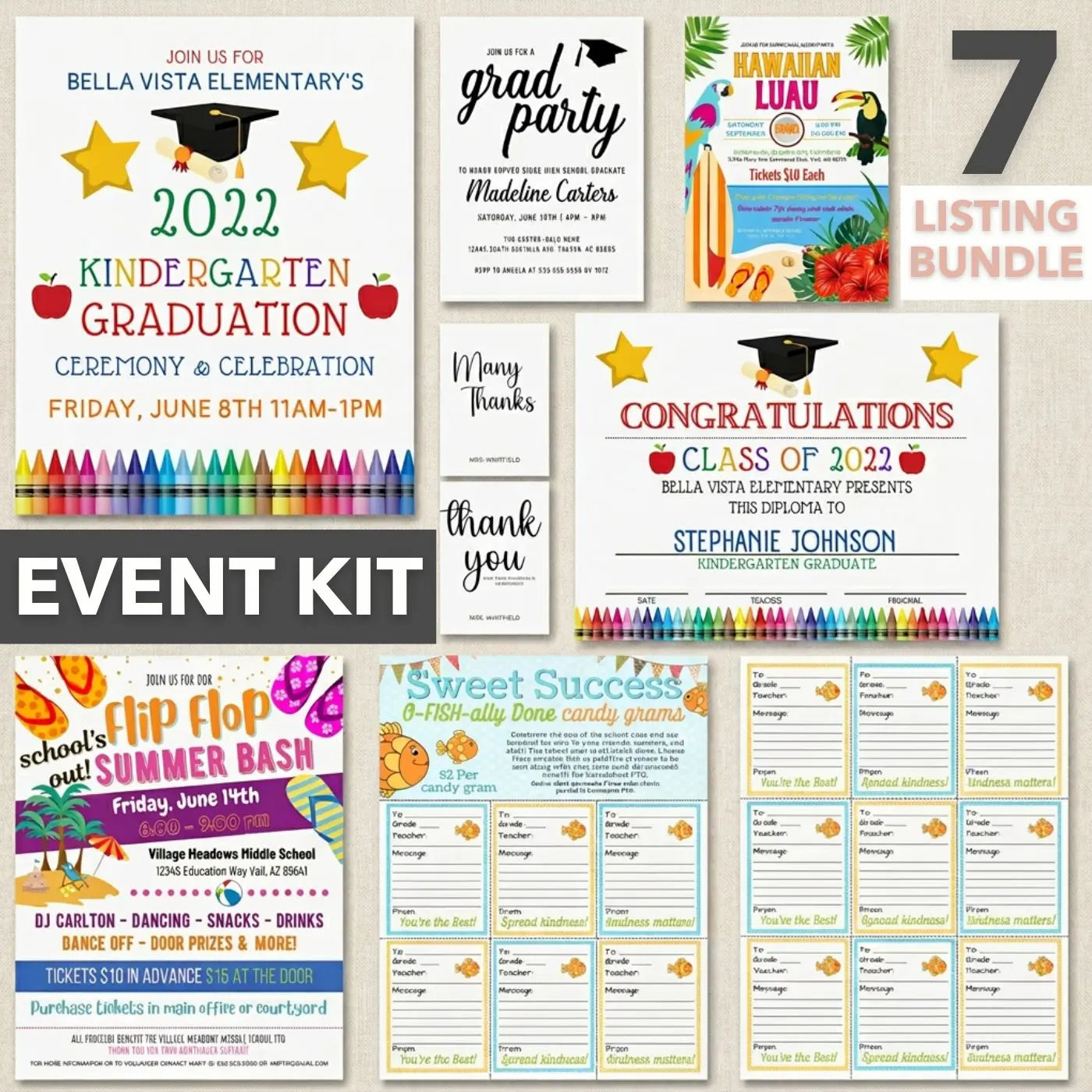 Collection of graduation and end of school event invitations, flyers, a certificate, and thank you cards on a beige background.