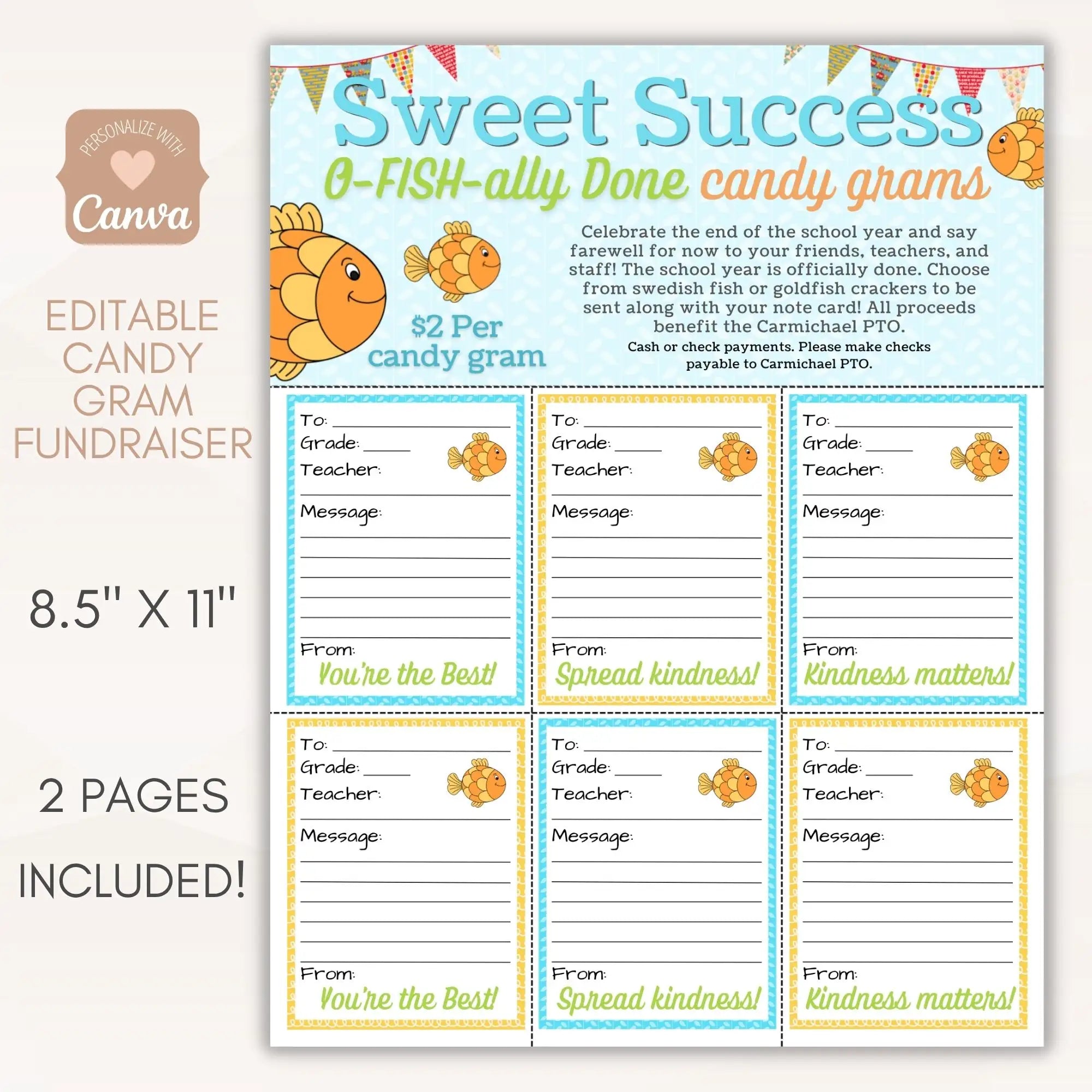 Sweet Success candy gram fundraiser flyer with fish graphics and editable text fields by Simple Desert Designs.