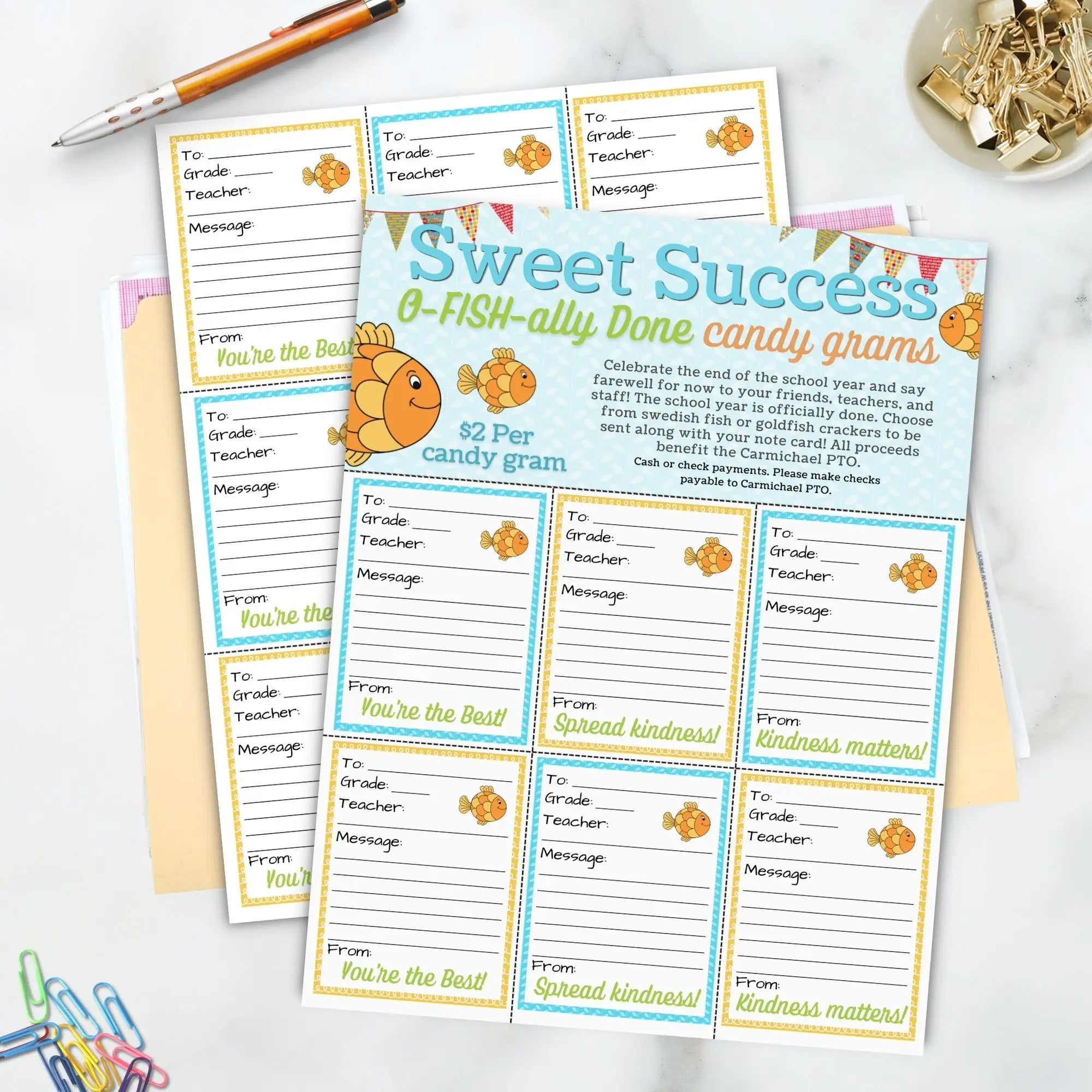 Sweet Success candy gram editable candy gram templates with fish illustrations on a white surface personalized by a school for a goldfish or swedish fish candy gram fundraiser on the last day of school.