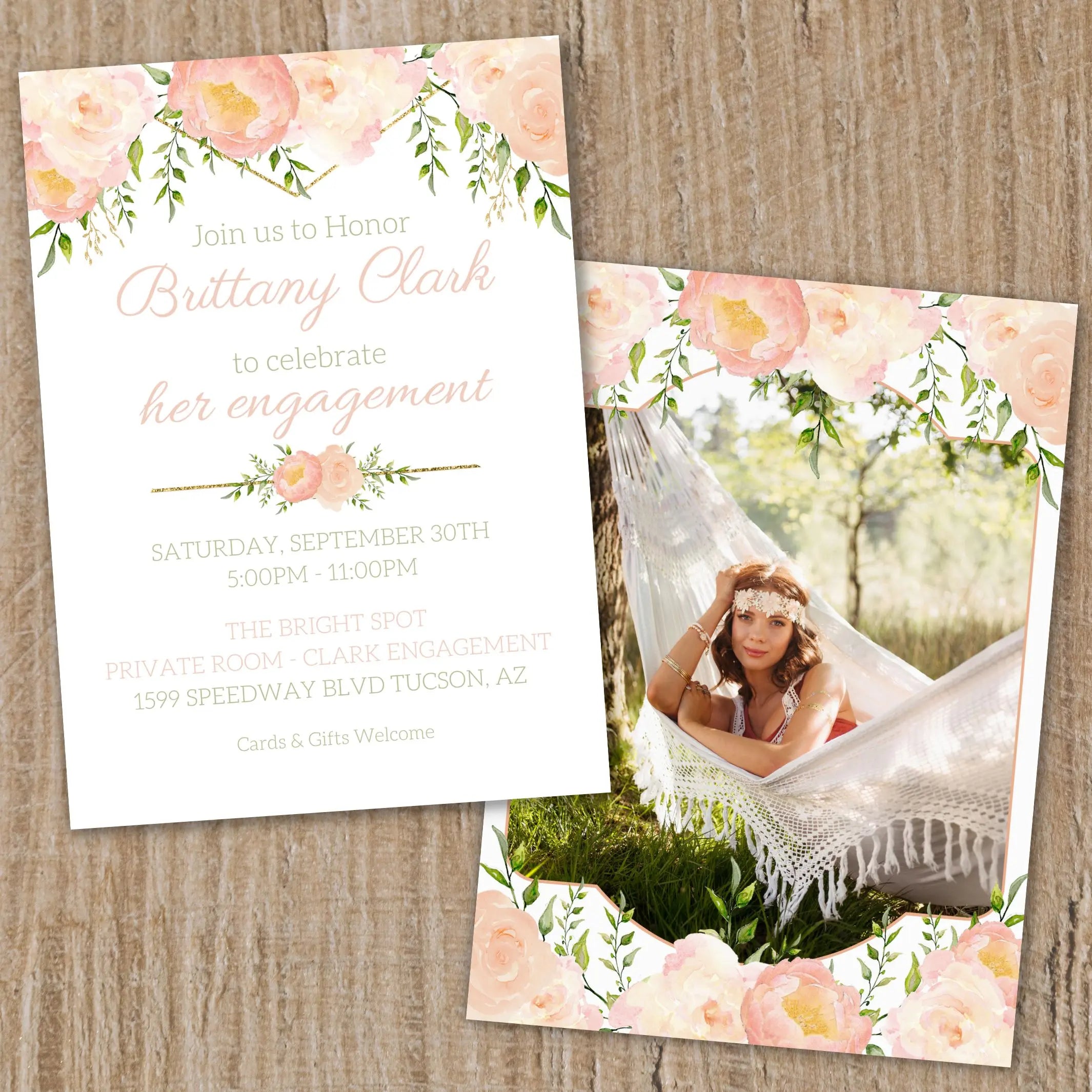 Engagement invitation with floral design and photo of a woman in a hammock.