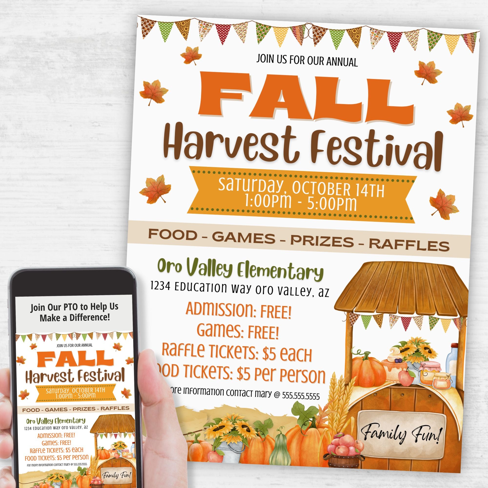 Hand holding a phone with a Fall Harvest Festival flyer displayed on the screen.